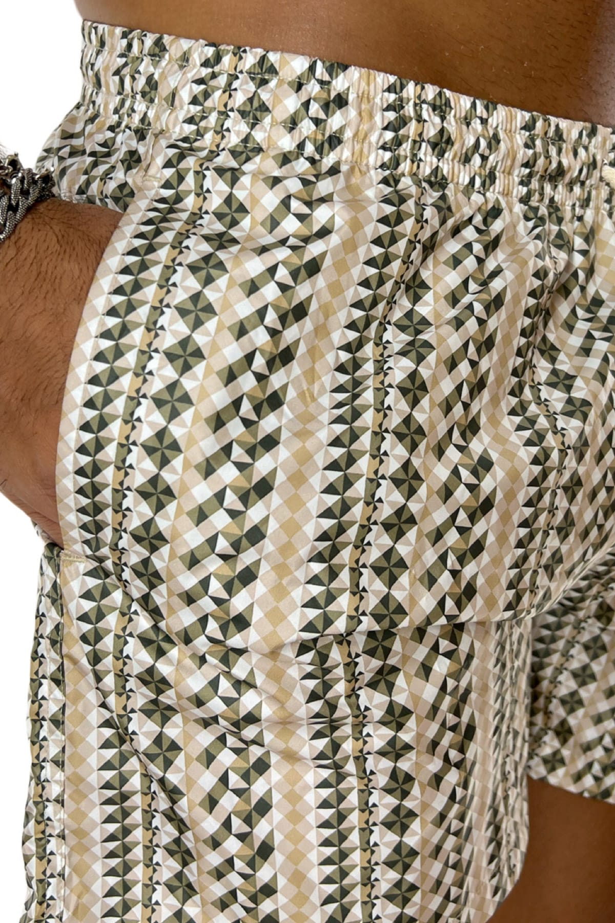 Costume da mare uomo verde militare fantasia geometrica con tasche laterali a filo e laccio regolabile