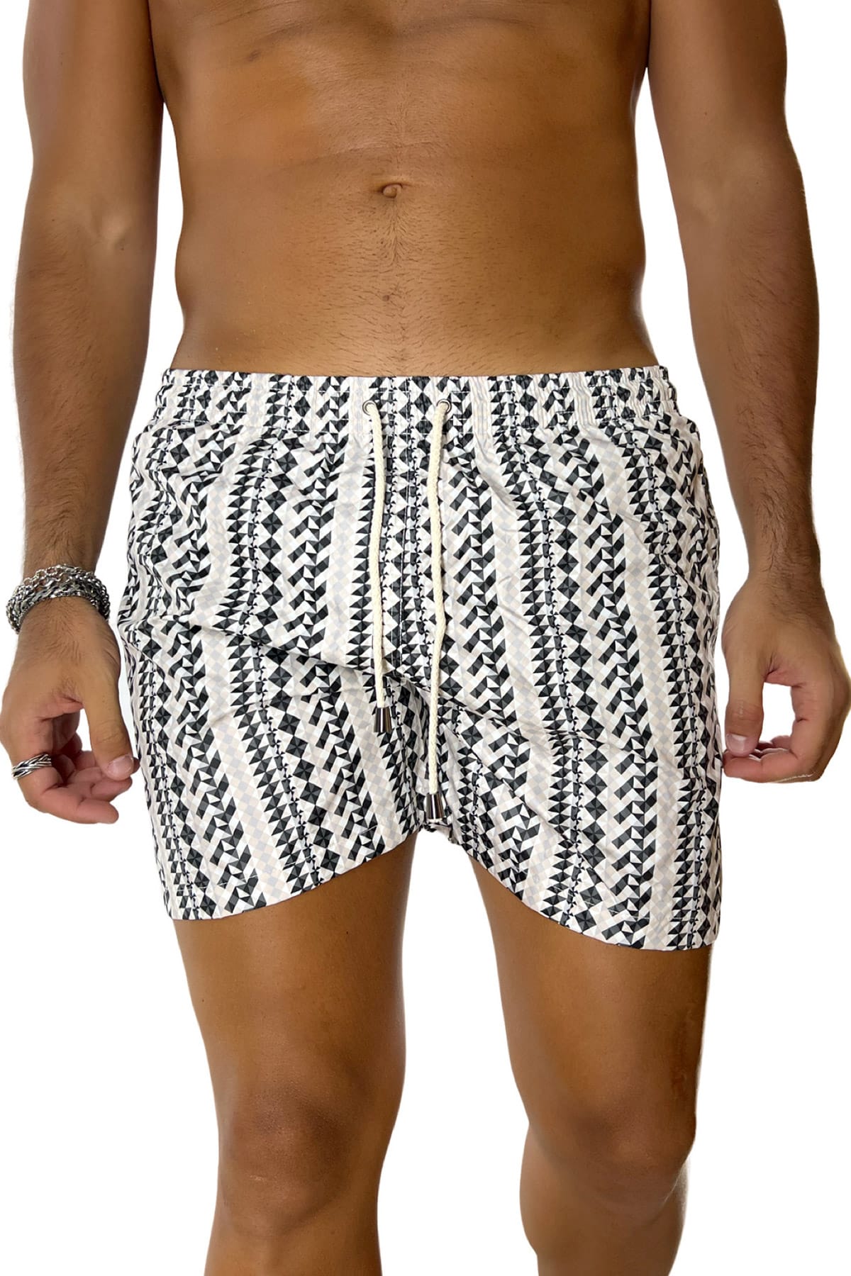 Costume da mare uomo nero fantasia geometrica con tasche laterali a filo e laccio regolabile