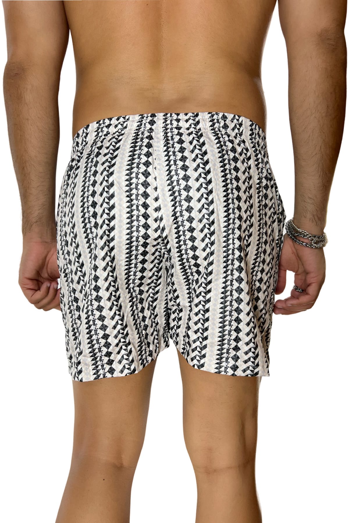 Costume da mare uomo nero fantasia geometrica con tasche laterali a filo e laccio regolabile