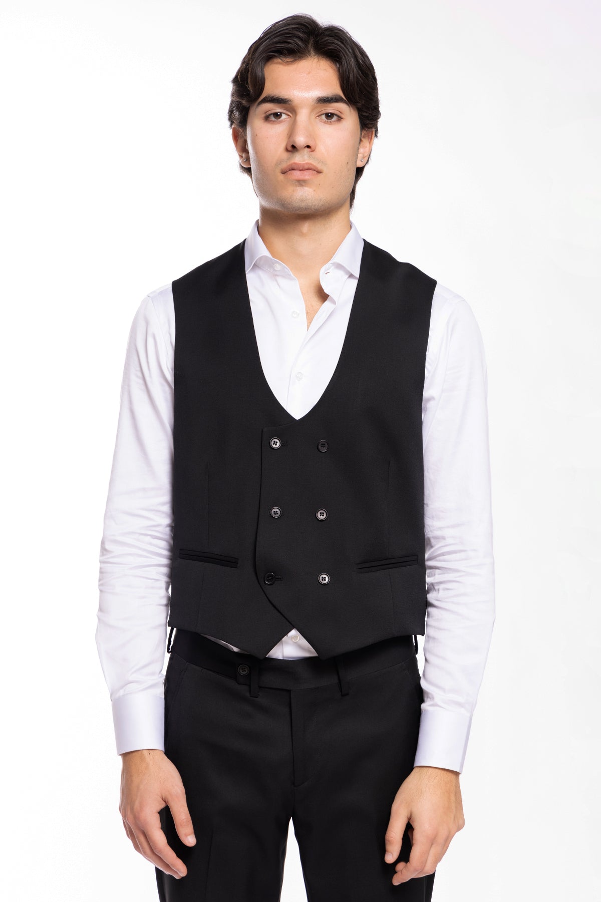 Gilet uomo doppiopetto Nero da cerimonia in fresco lana slim fit tessuto Vitale Barberis Canonico