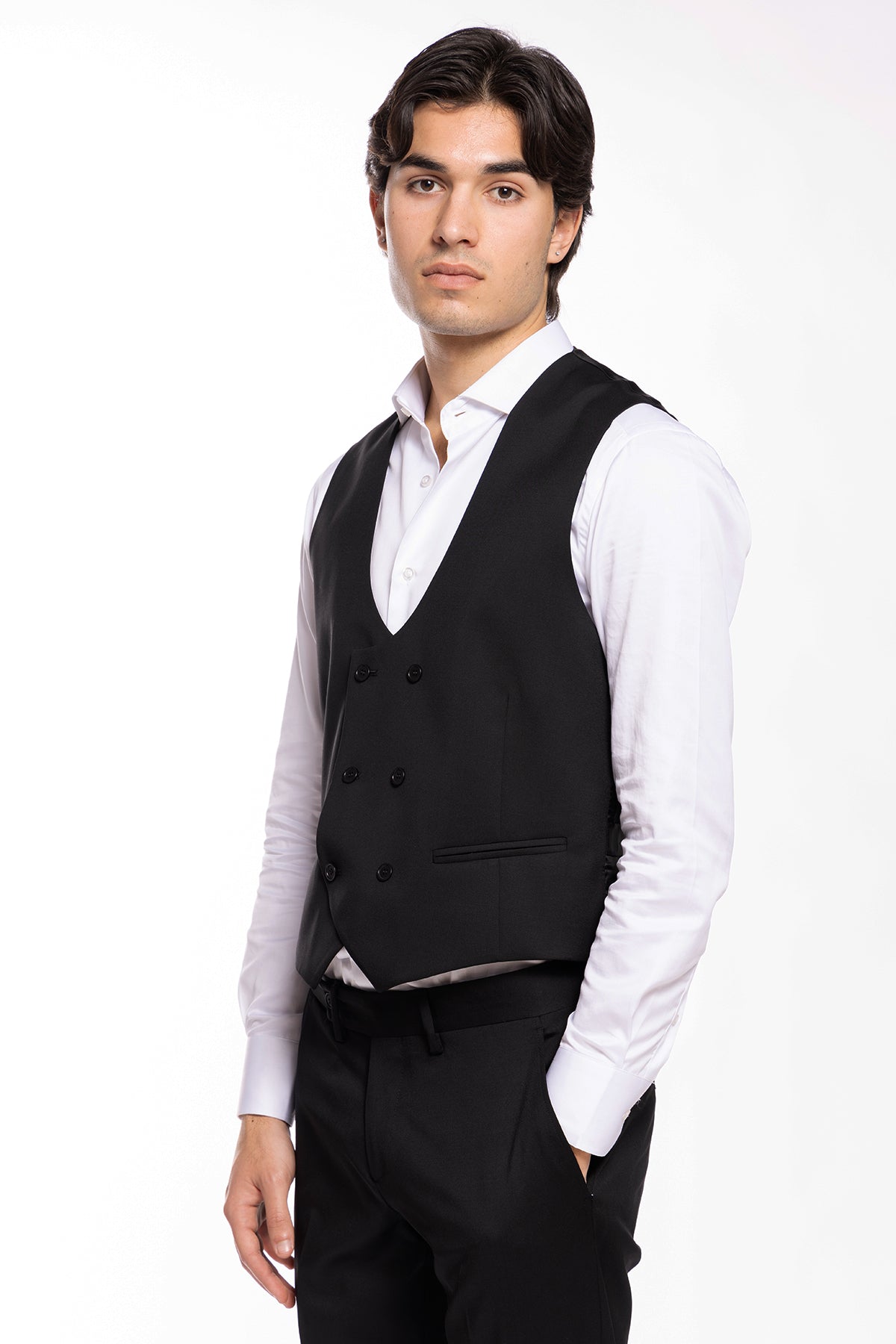 Gilet uomo doppiopetto Nero da cerimonia in fresco lana slim fit tessuto Vitale Barberis Canonico