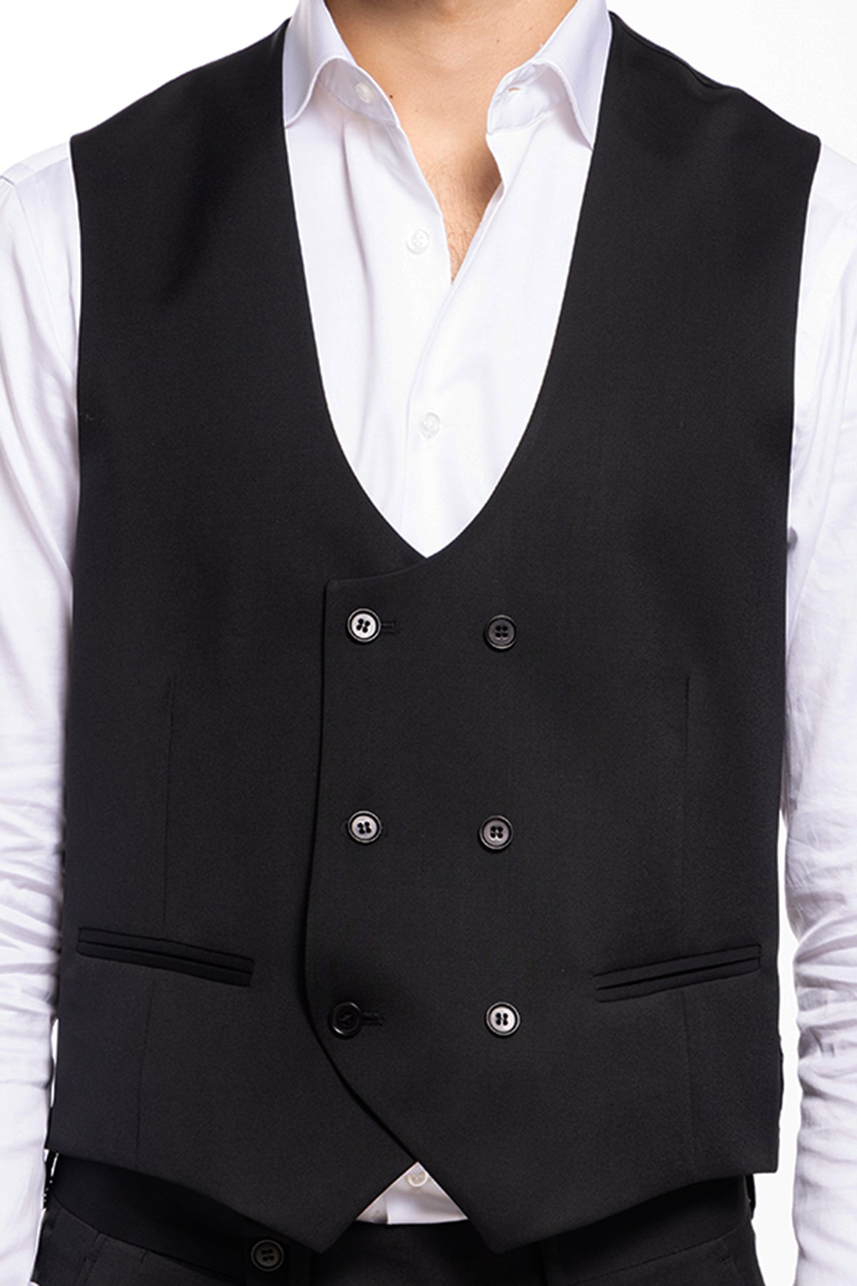 Gilet uomo doppiopetto Nero da cerimonia in fresco lana slim fit tessuto Vitale Barberis Canonico