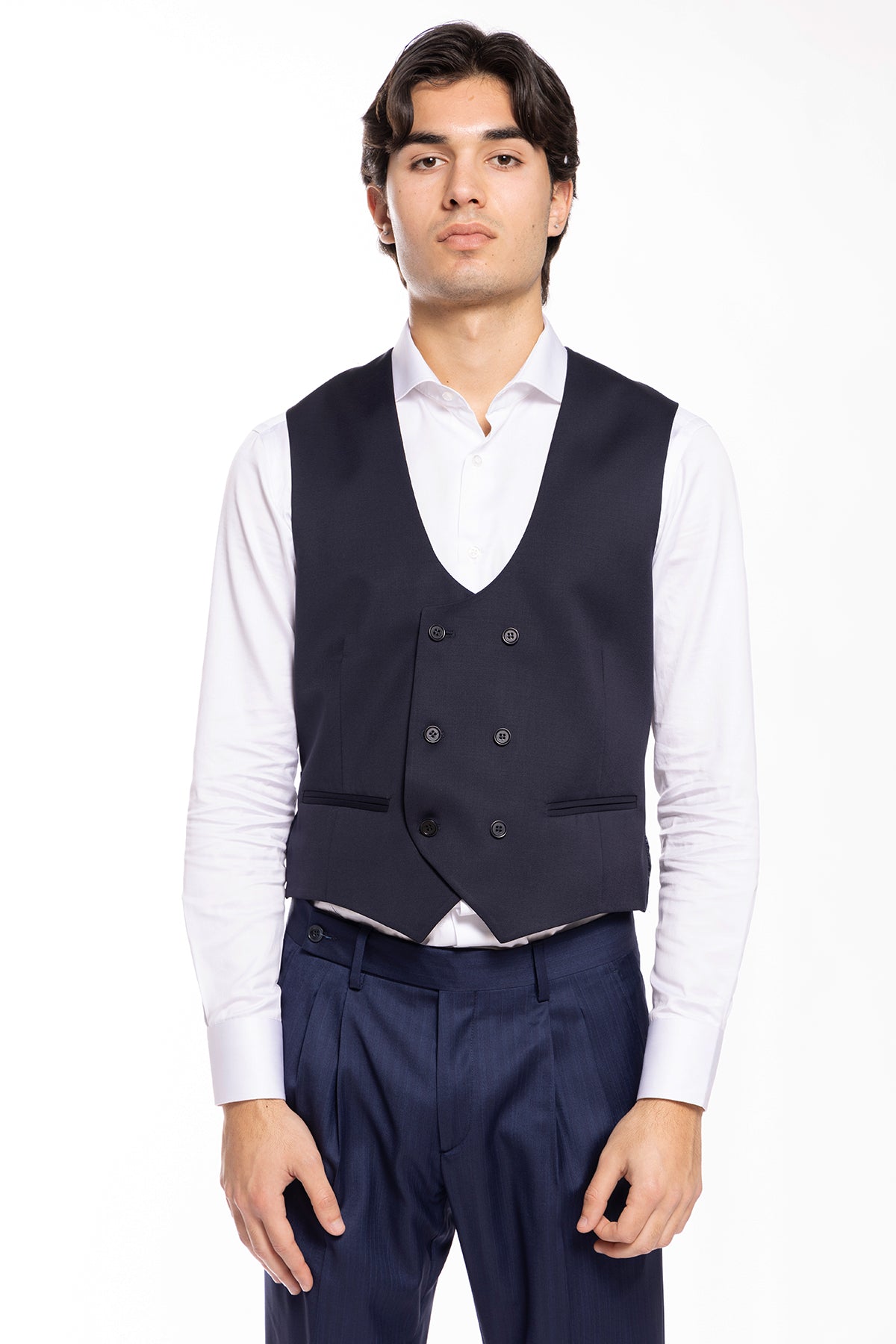 Gilet uomo doppiopetto navy blu da cerimonia in fresco lana slim fit tessuto Vitale Barberis Canonico
