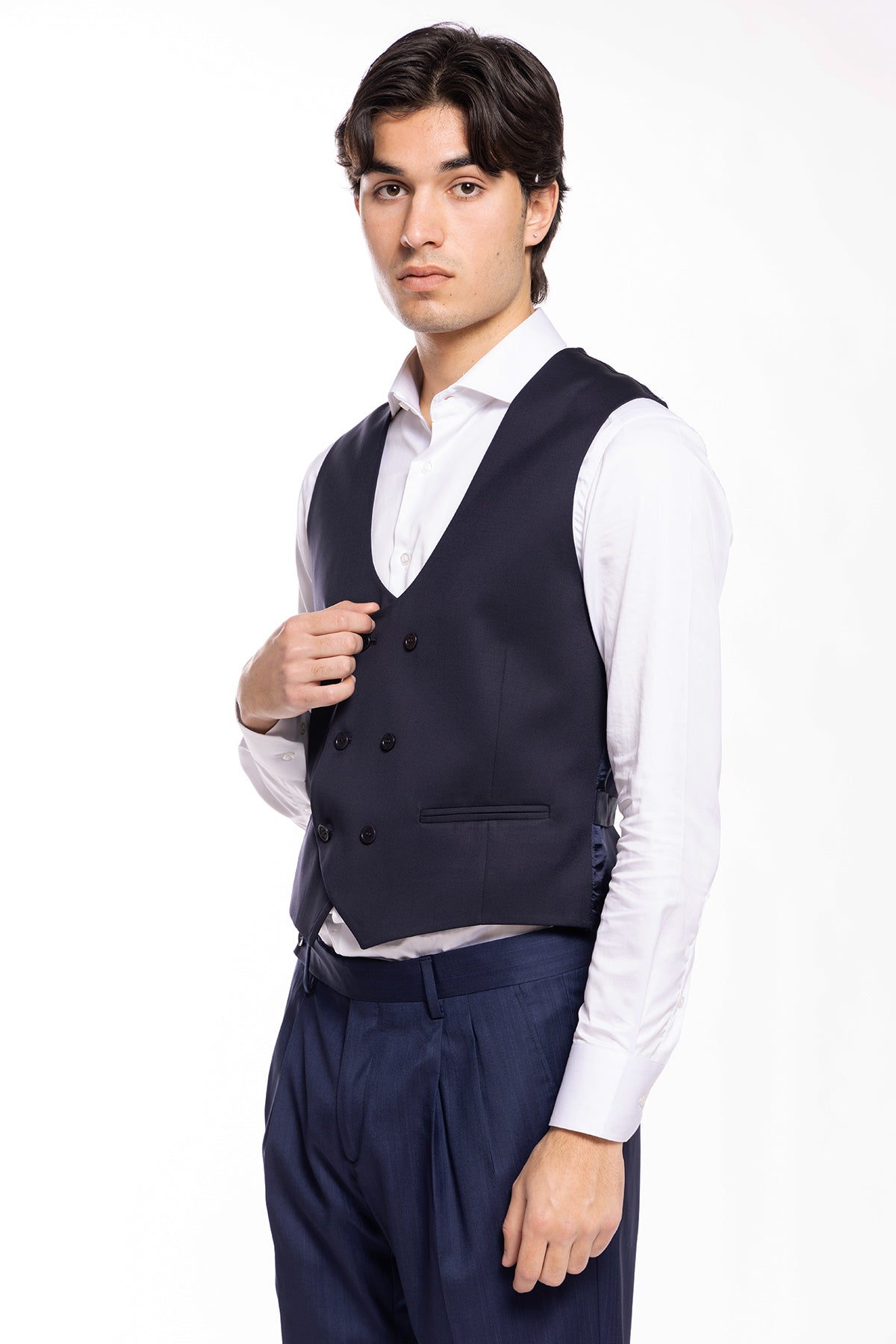 Gilet uomo doppiopetto navy blu da cerimonia in fresco lana slim fit tessuto Vitale Barberis Canonico
