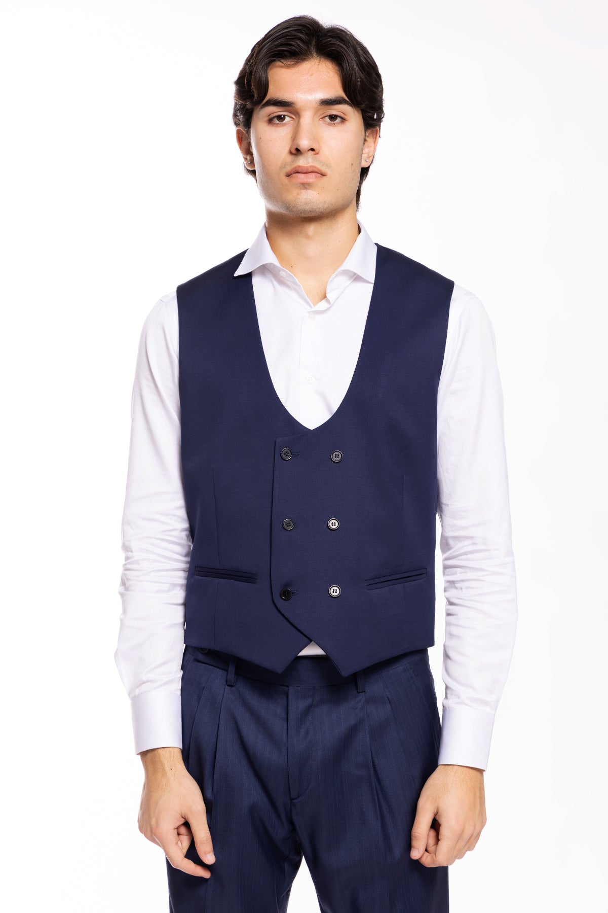 Gilet uomo doppiopetto royal blu da cerimonia in fresco lana slim fit tessuto Vitale Barberis Canonico