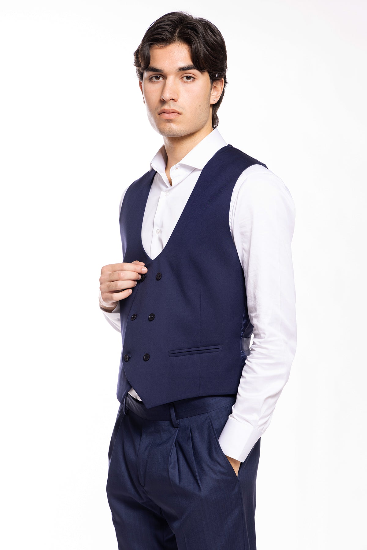 Gilet uomo doppiopetto royal blu da cerimonia in fresco lana slim fit tessuto Vitale Barberis Canonico