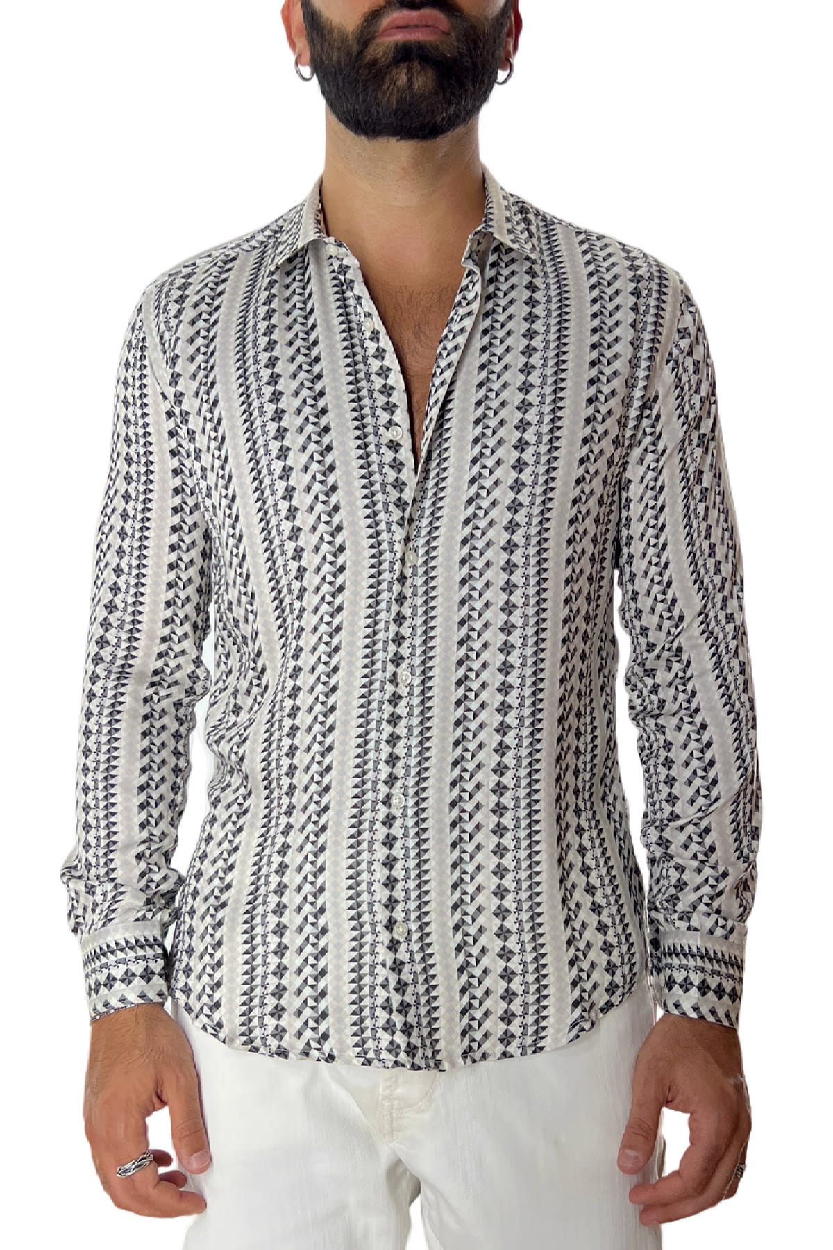 Camicia Uomo In Viscosa fantasia geometrica nera vestibilita comoda Collo Italiano