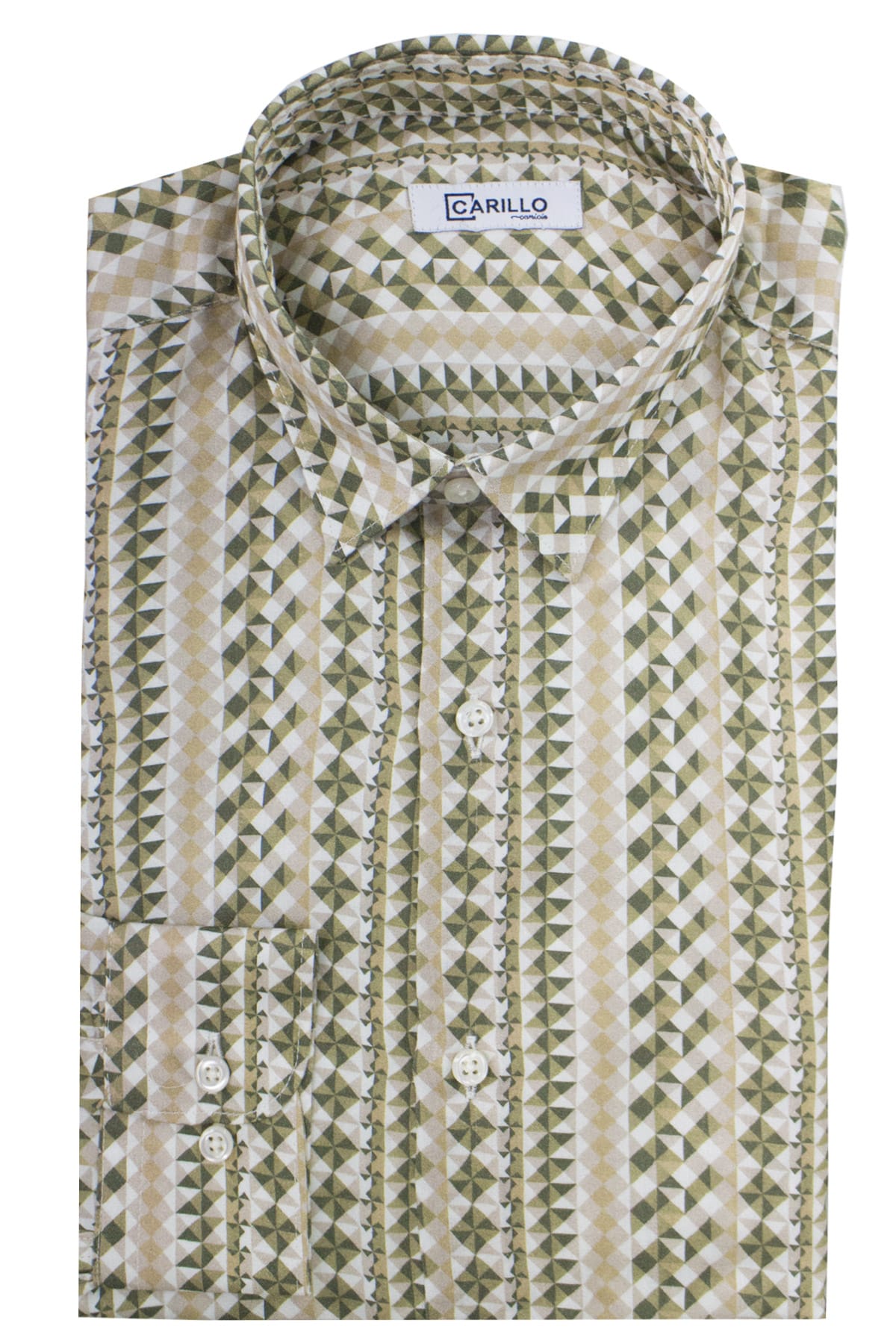Camicia Uomo In Viscosa fantasia geometrica verde militare vestibilita comoda Collo Italiano