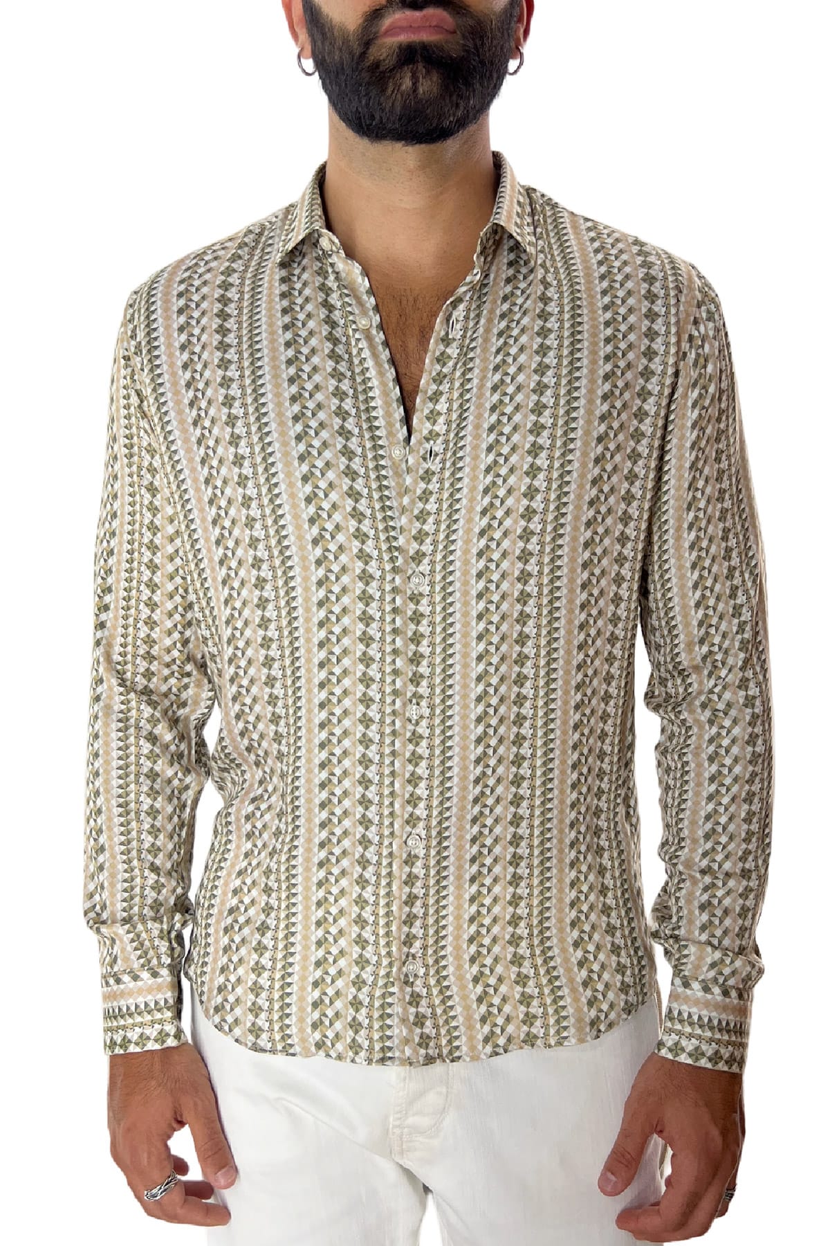 Camicia Uomo In Viscosa fantasia geometrica verde militare vestibilita comoda Collo Italiano