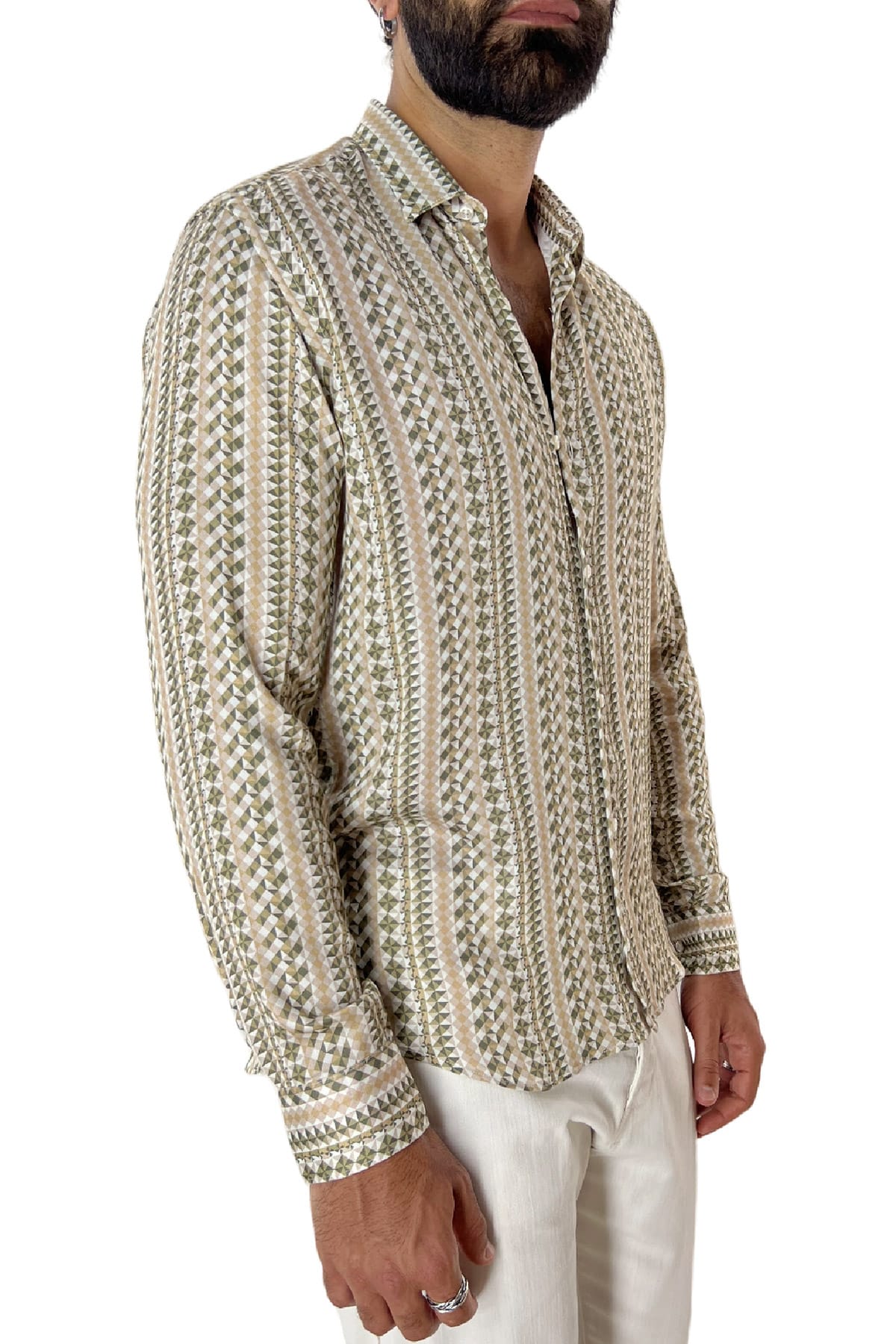 Camicia Uomo In Viscosa fantasia geometrica verde militare vestibilita comoda Collo Italiano