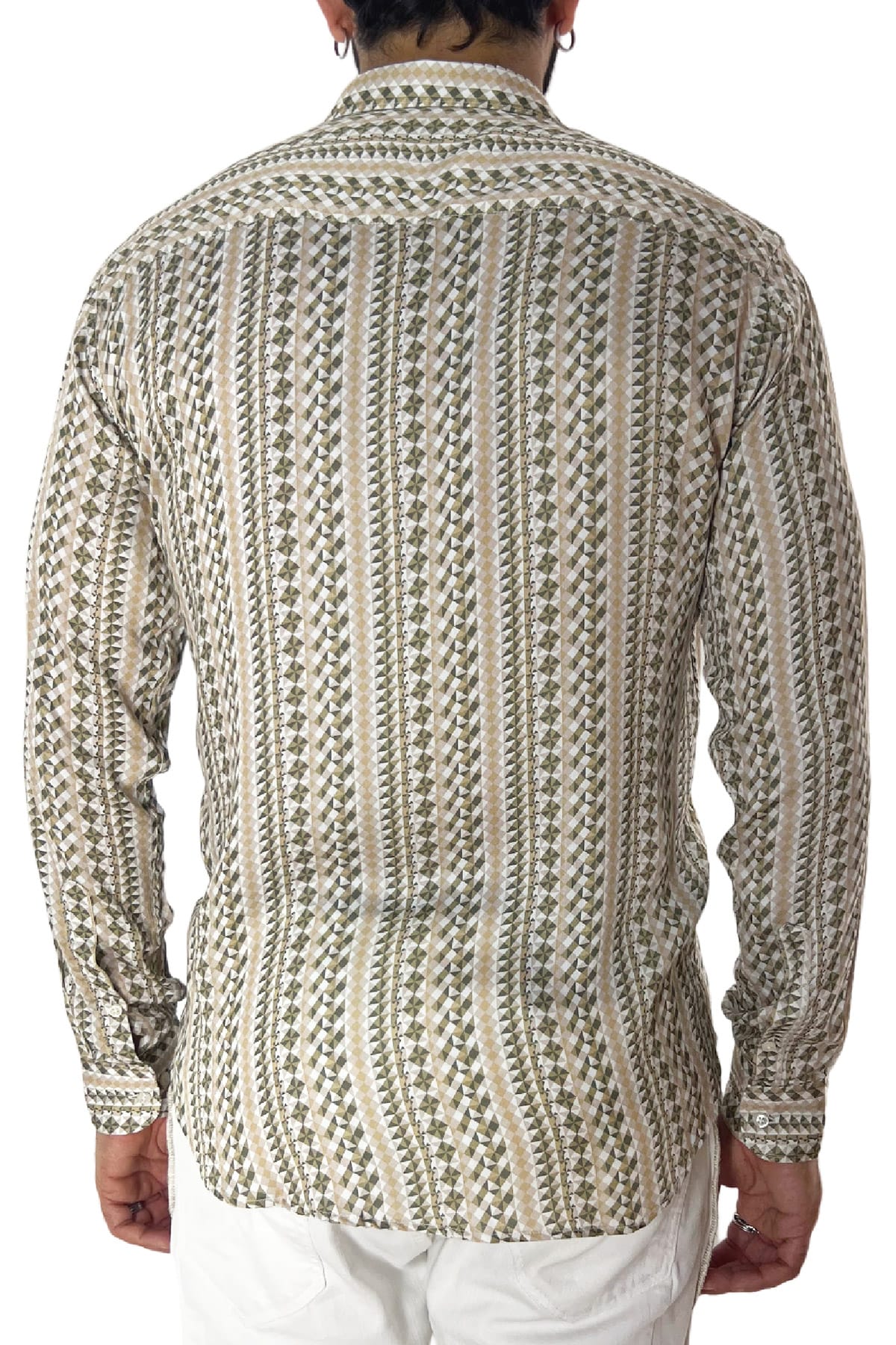 Camicia Uomo In Viscosa fantasia geometrica verde militare vestibilita comoda Collo Italiano