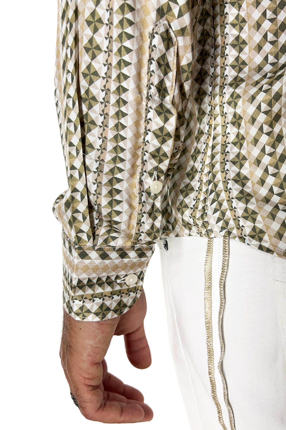 Camicia Uomo In Viscosa fantasia geometrica verde militare vestibilita comoda Collo Italiano