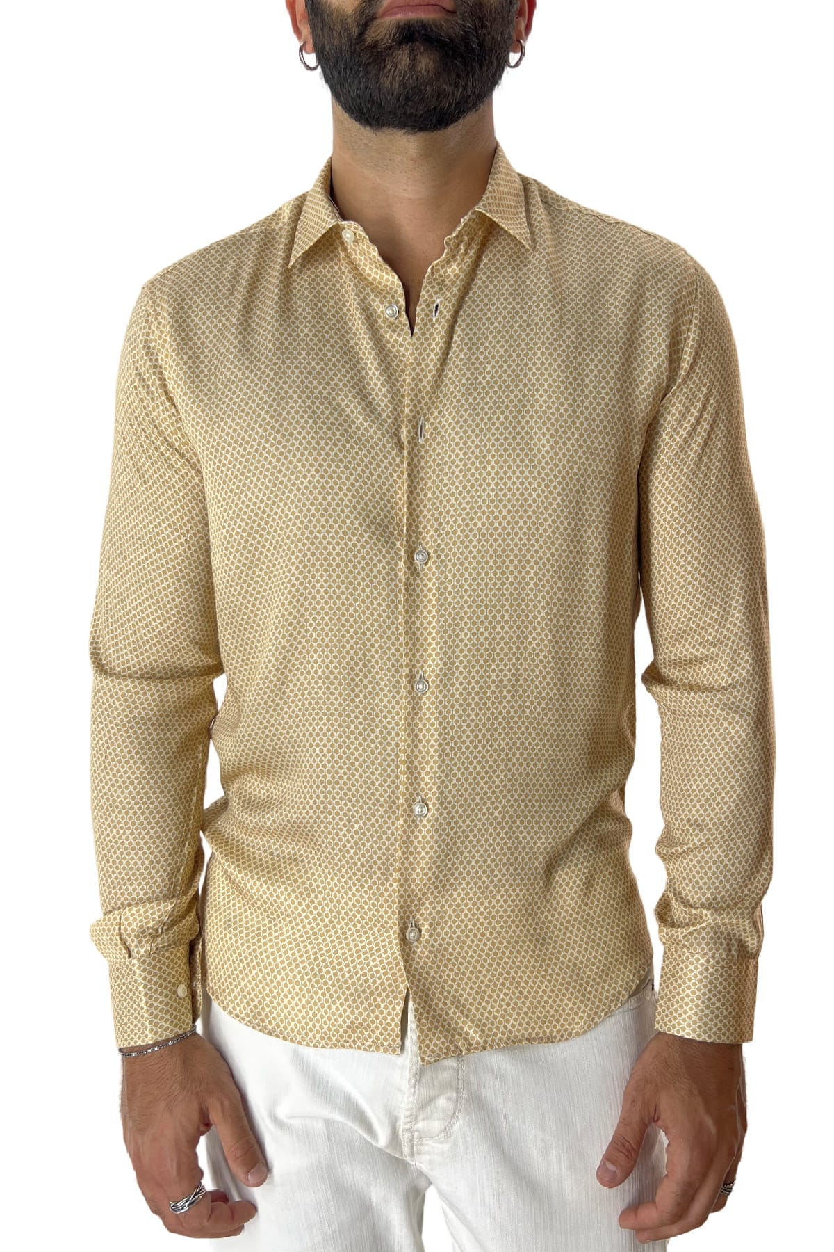 Camicia Uomo In Viscosa fantasia esagonale beige vestibilita comoda Collo Italiano