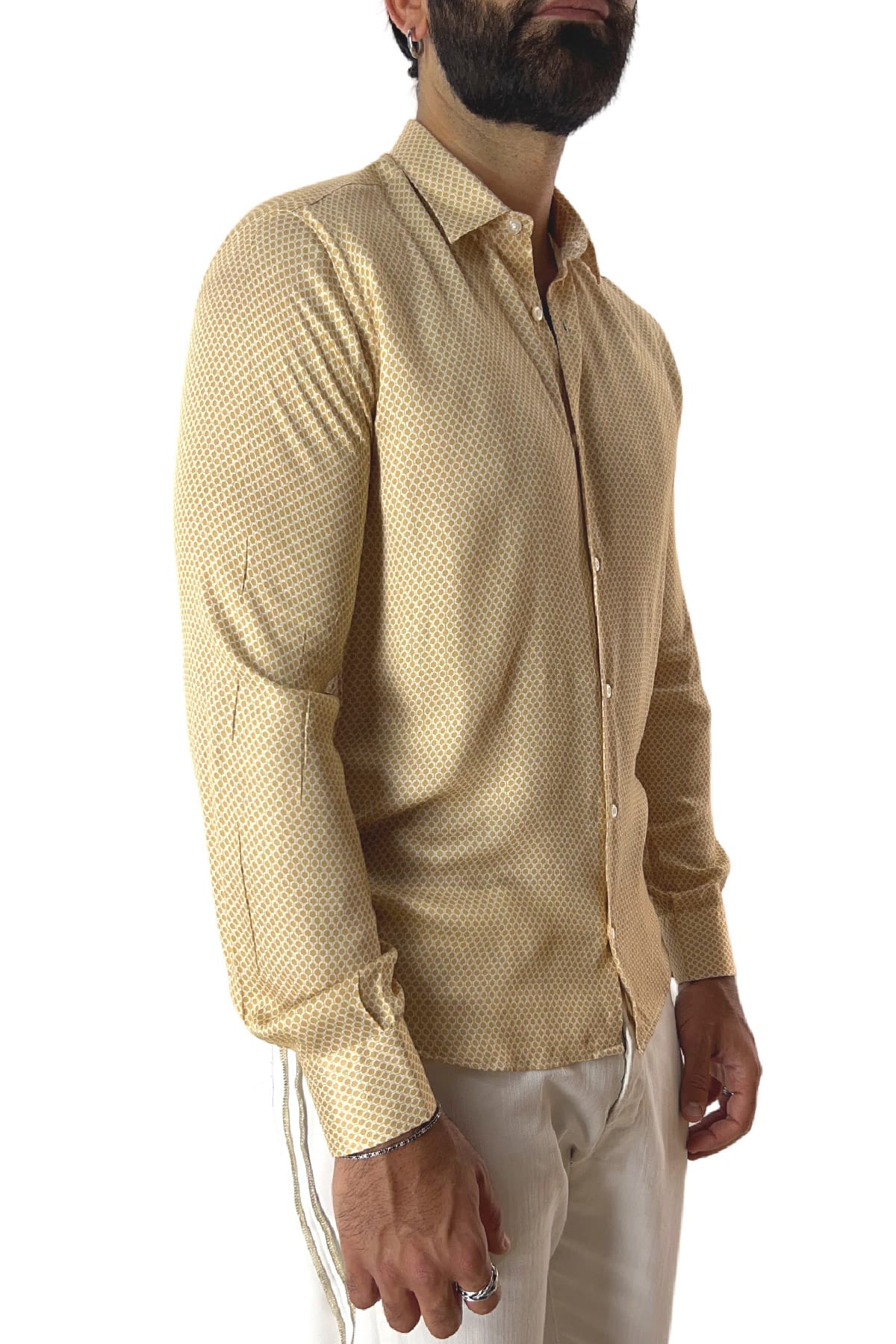 Camicia Uomo In Viscosa fantasia esagonale beige vestibilita comoda Collo Italiano