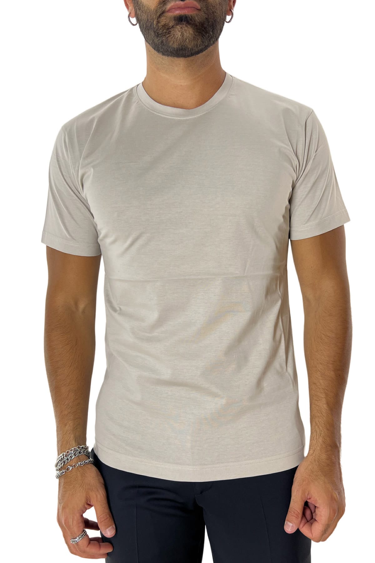 T-shirt da uomo beige in cotone 100%  Filo di scozia slim fit tinta unita Made In Italy