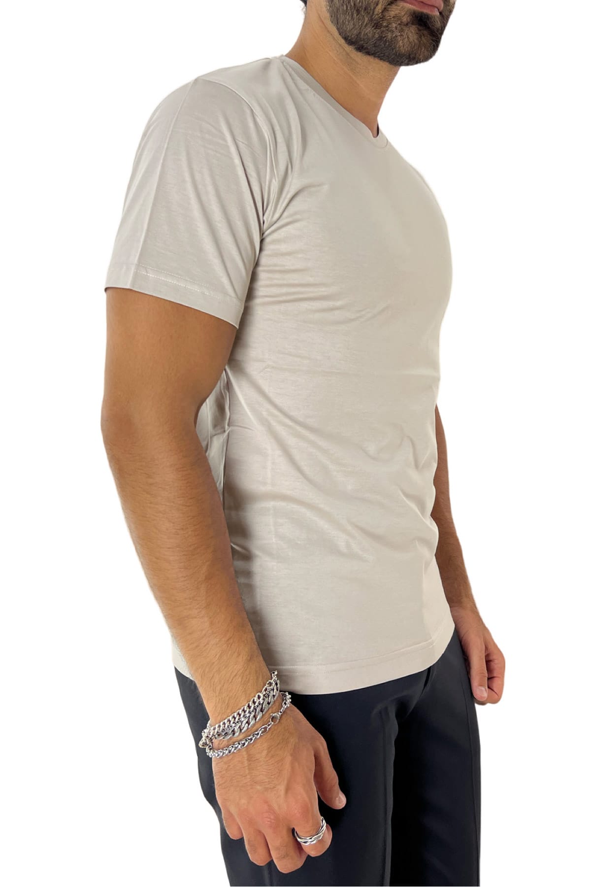 T-shirt da uomo beige in cotone 100%  Filo di scozia slim fit tinta unita Made In Italy