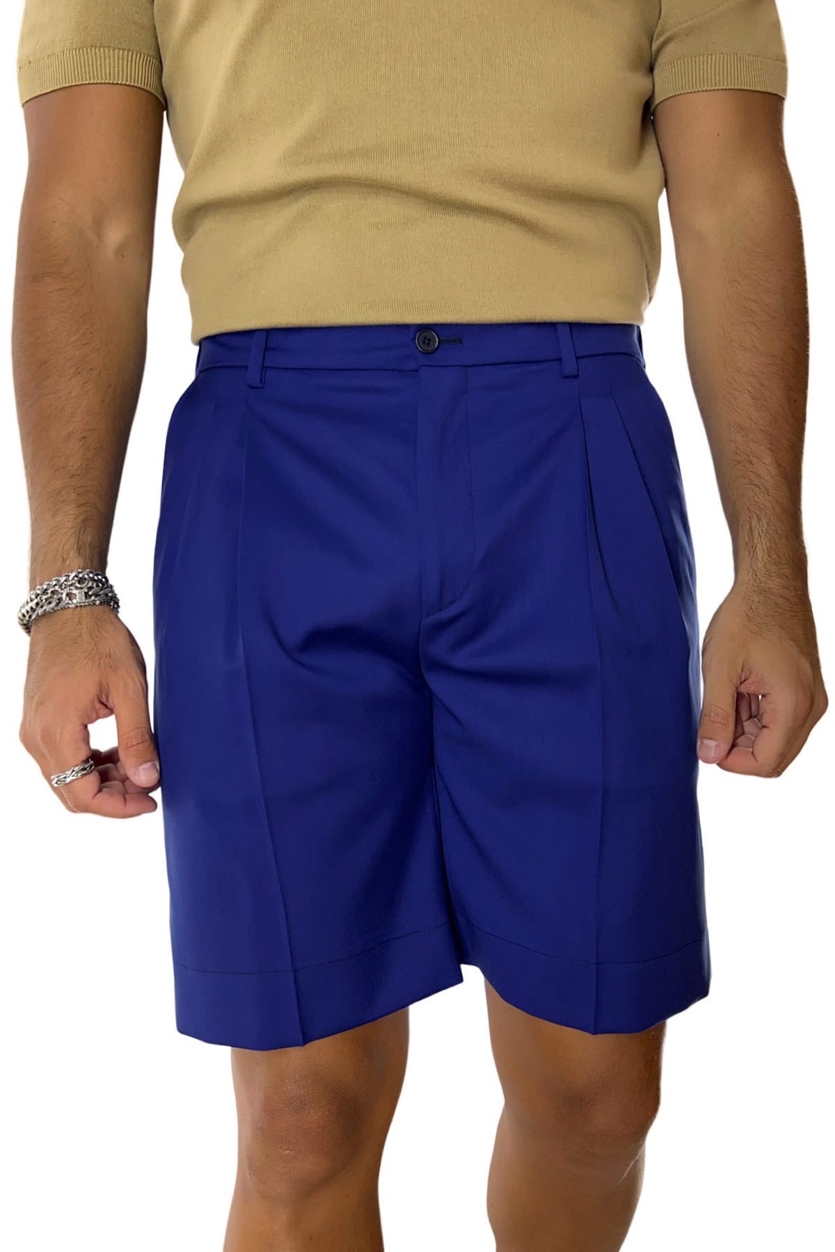 Bermuda uomo royal blu in fresco lana con mezza coulisse doppia pinces e tasca america