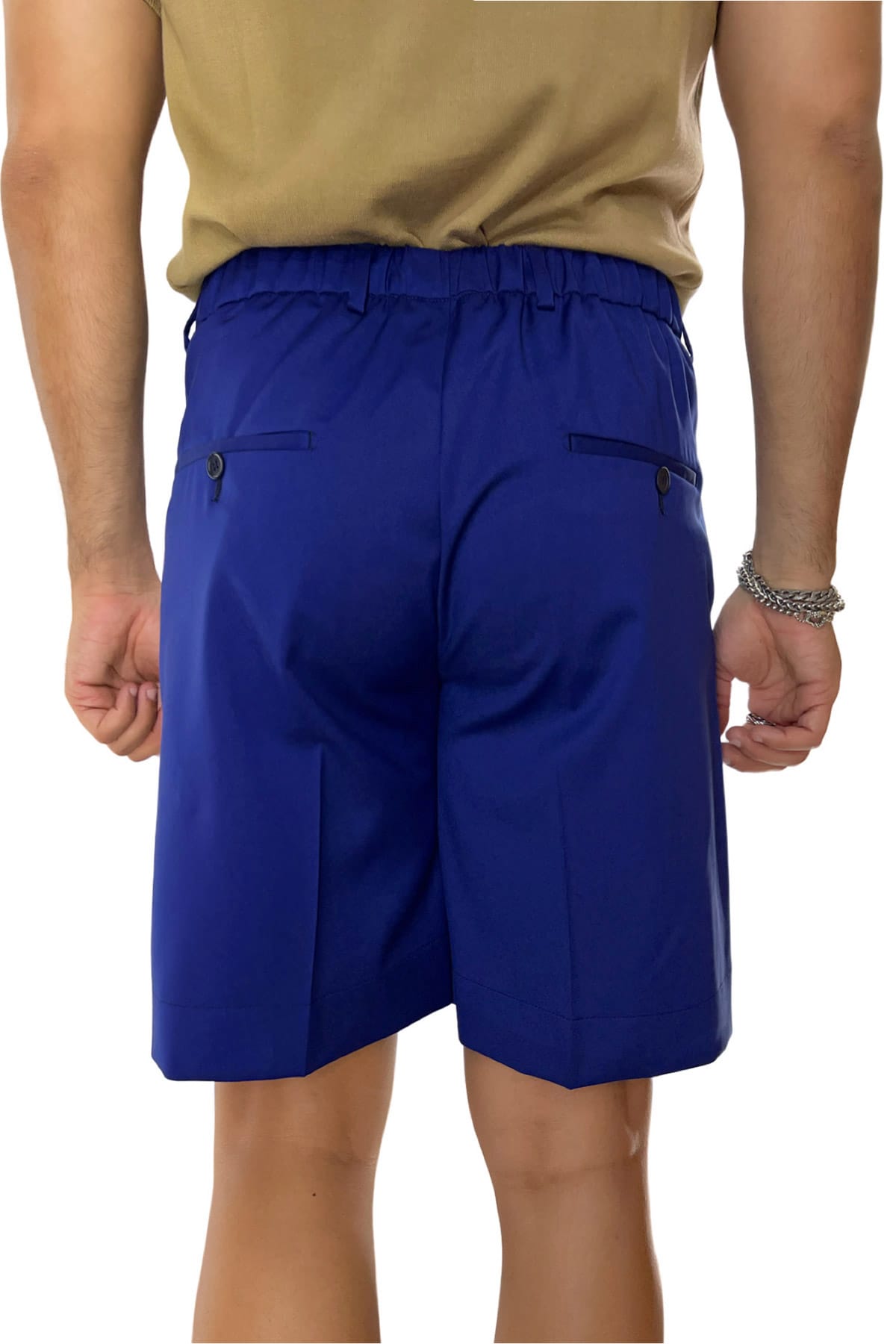 Bermuda uomo royal blu in fresco lana con mezza coulisse doppia pinces e tasca america