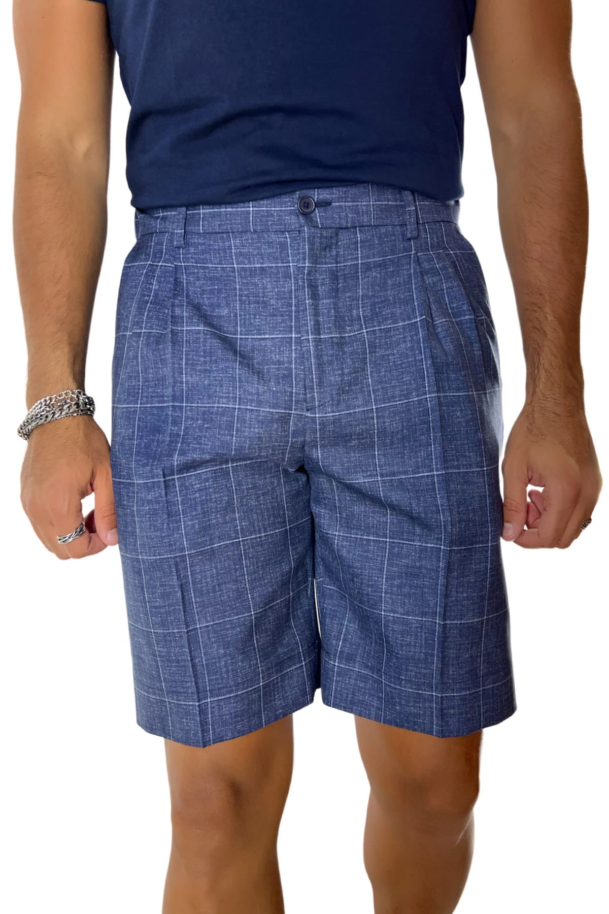 Bermuda uomo blu denim quadri in fresco lana 100% con mezza coulisse doppia pinces e tasca america