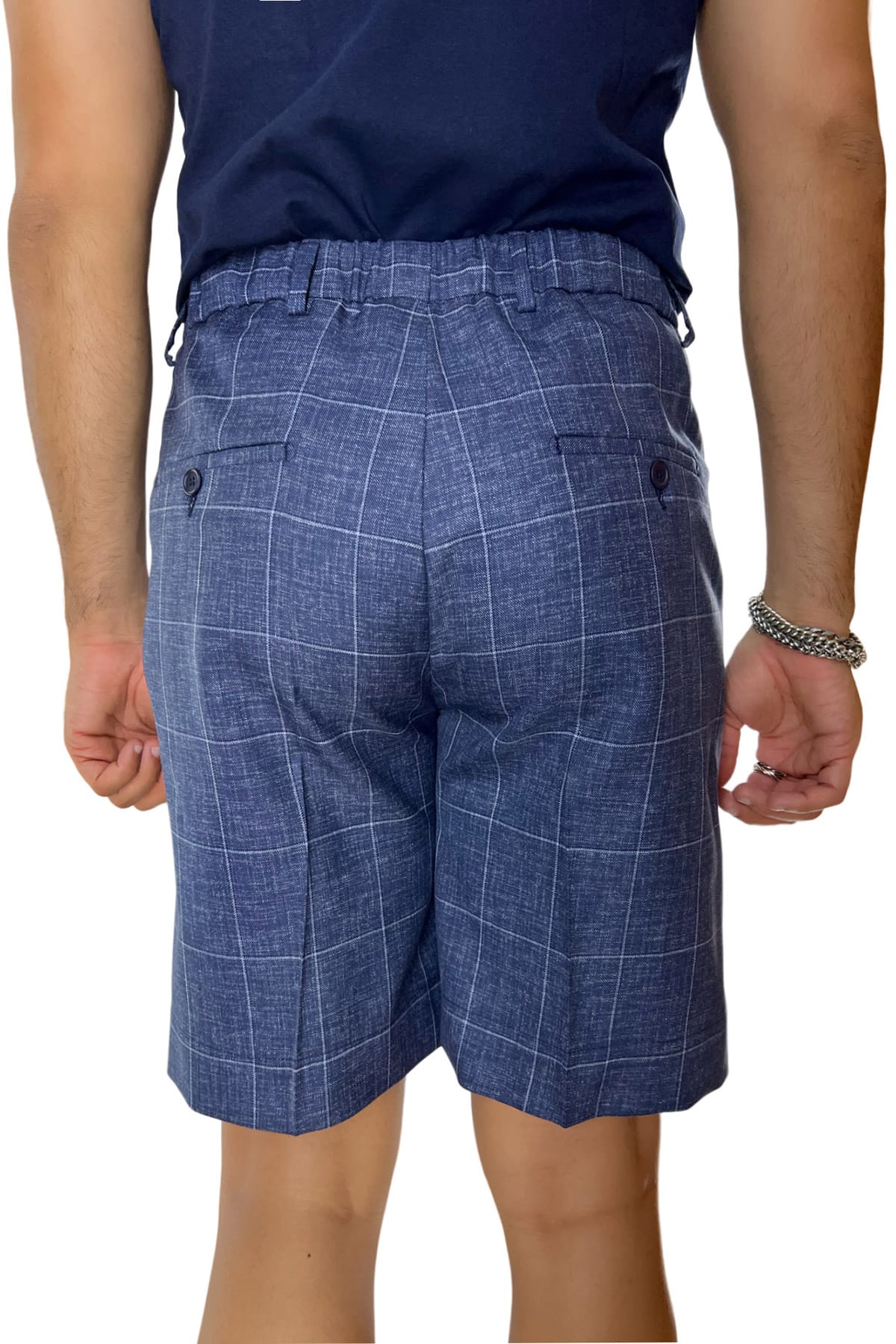 Bermuda uomo blu denim quadri in fresco lana 100% con mezza coulisse doppia pinces e tasca america