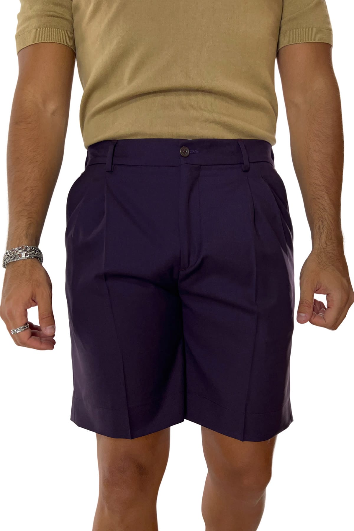 Bermuda uomo viola in fresco lana 120's Holland & Sherry con mezza coulisse doppia pinces e tasca america