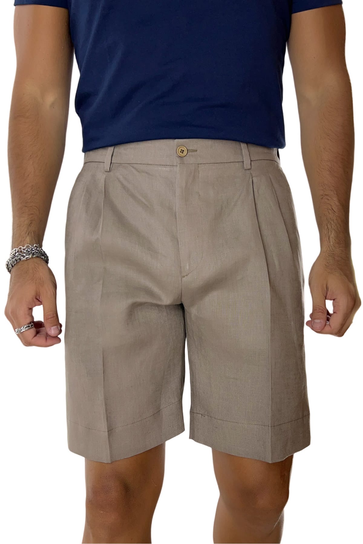 Bermuda uomo fango in lino 100% con mezza coulisse doppia pinces e tasca america