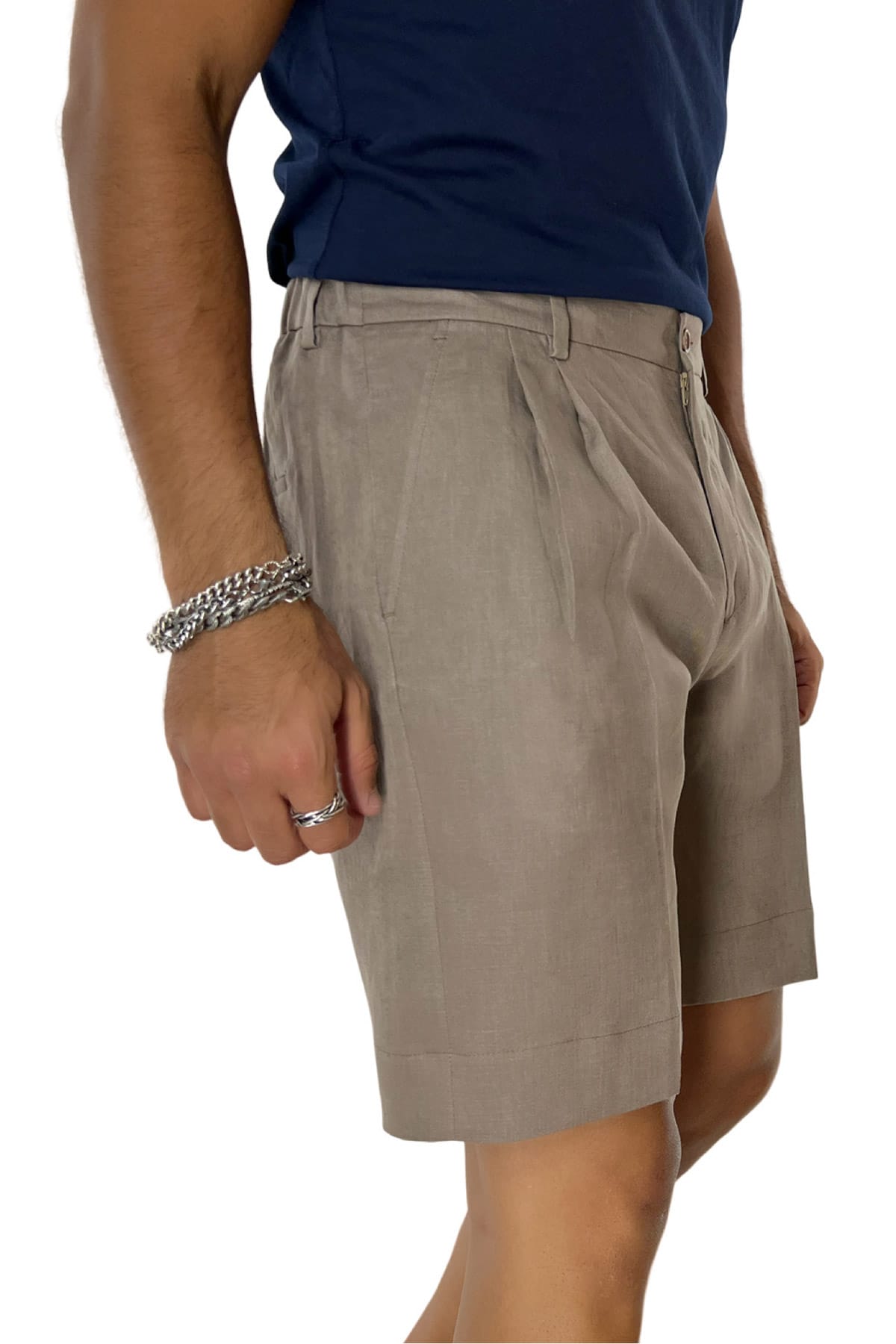 Bermuda uomo fango in lino 100% con mezza coulisse doppia pinces e tasca america