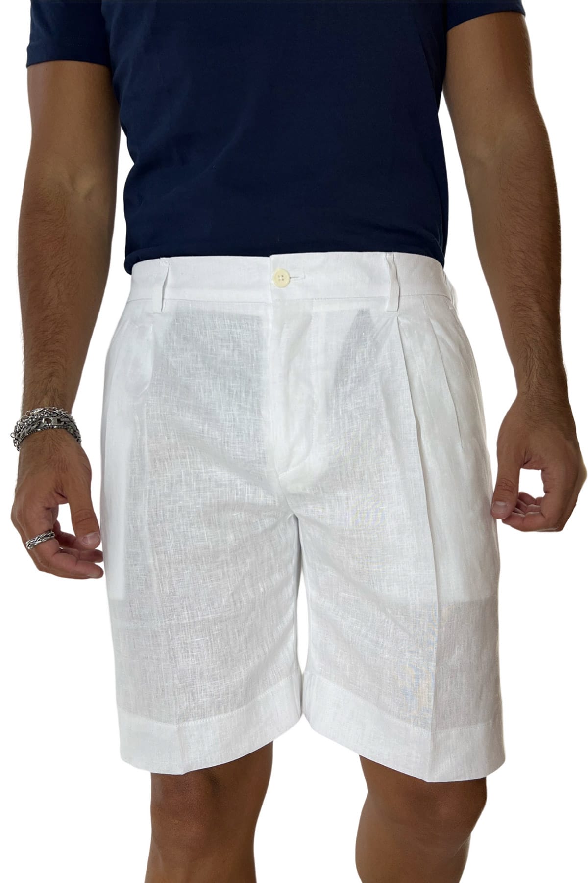 Bermuda uomo bianco in lino 100% con mezza coulisse doppia pinces e tasca america