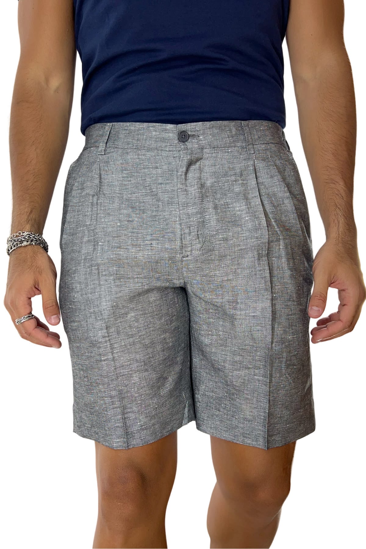Bermuda uomo grigio in lino e cotone con mezza coulisse doppia pinces e tasca america