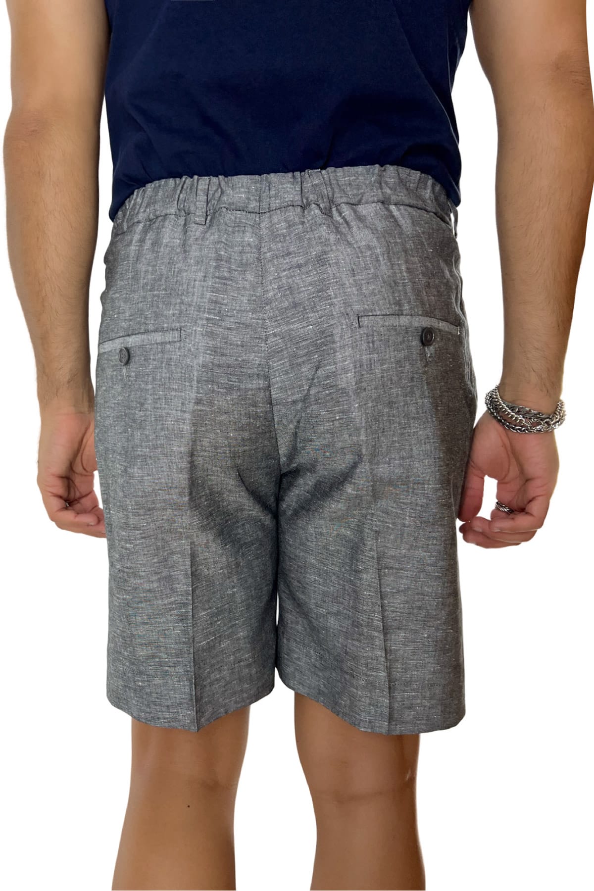 Bermuda uomo grigio in lino e cotone con mezza coulisse doppia pinces e tasca america