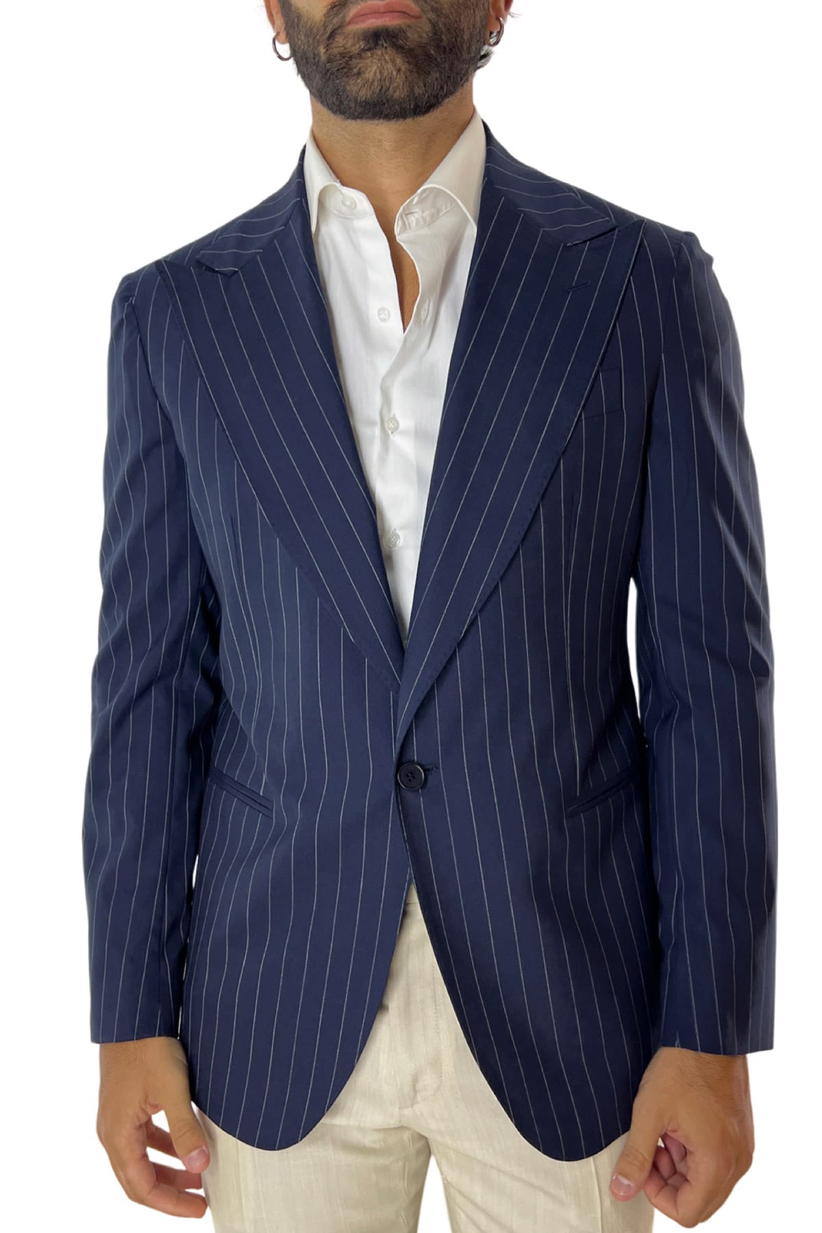Giacca uomo monopetto blu navy fantasia gessata in fresco lana super 100's tasche a filo Holland & Sherry