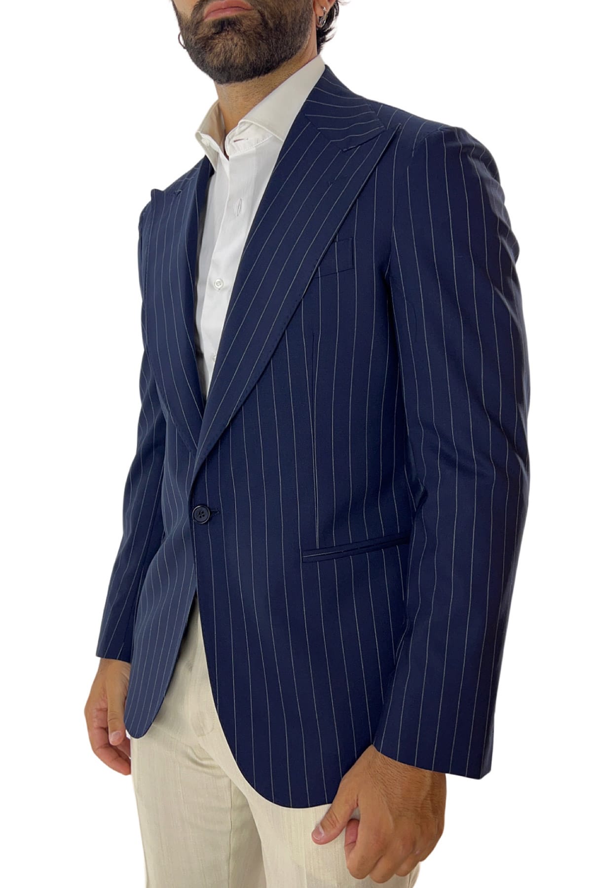 Giacca uomo monopetto blu navy fantasia gessata in fresco lana super 100's tasche a filo Holland & Sherry