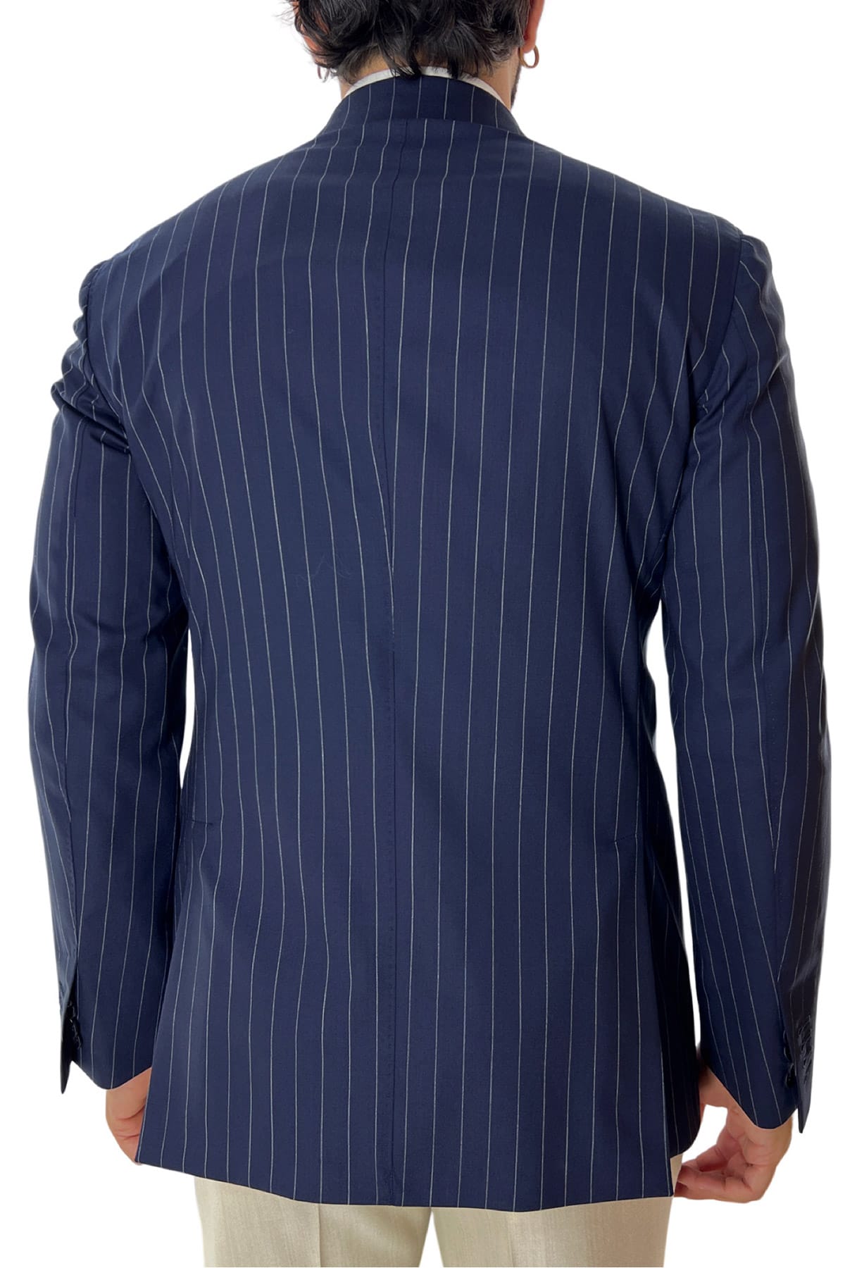 Giacca uomo monopetto blu navy fantasia gessata in fresco lana super 100's tasche a filo Holland & Sherry