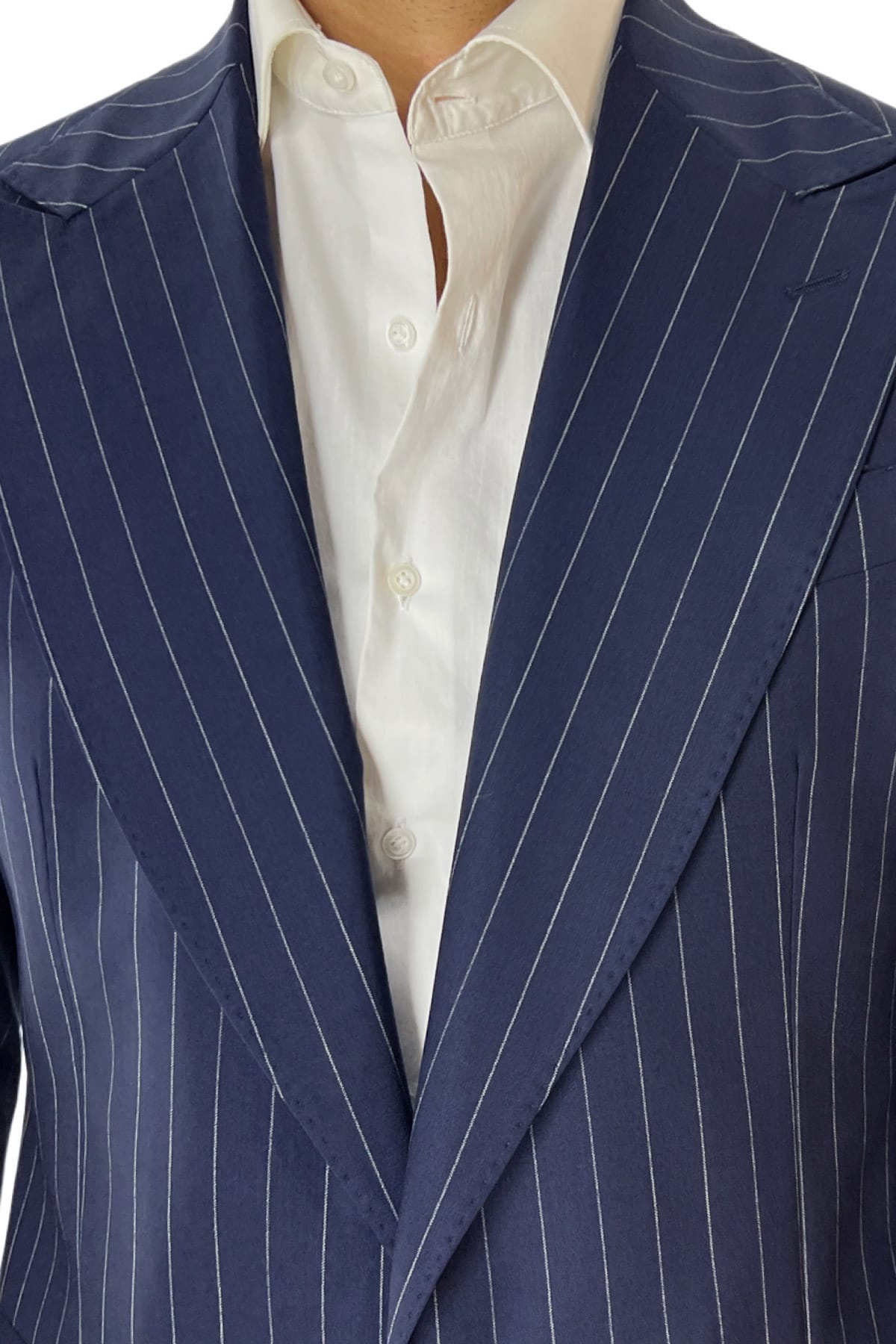 Giacca uomo monopetto blu navy fantasia gessata in fresco lana super 100's tasche a filo Holland & Sherry
