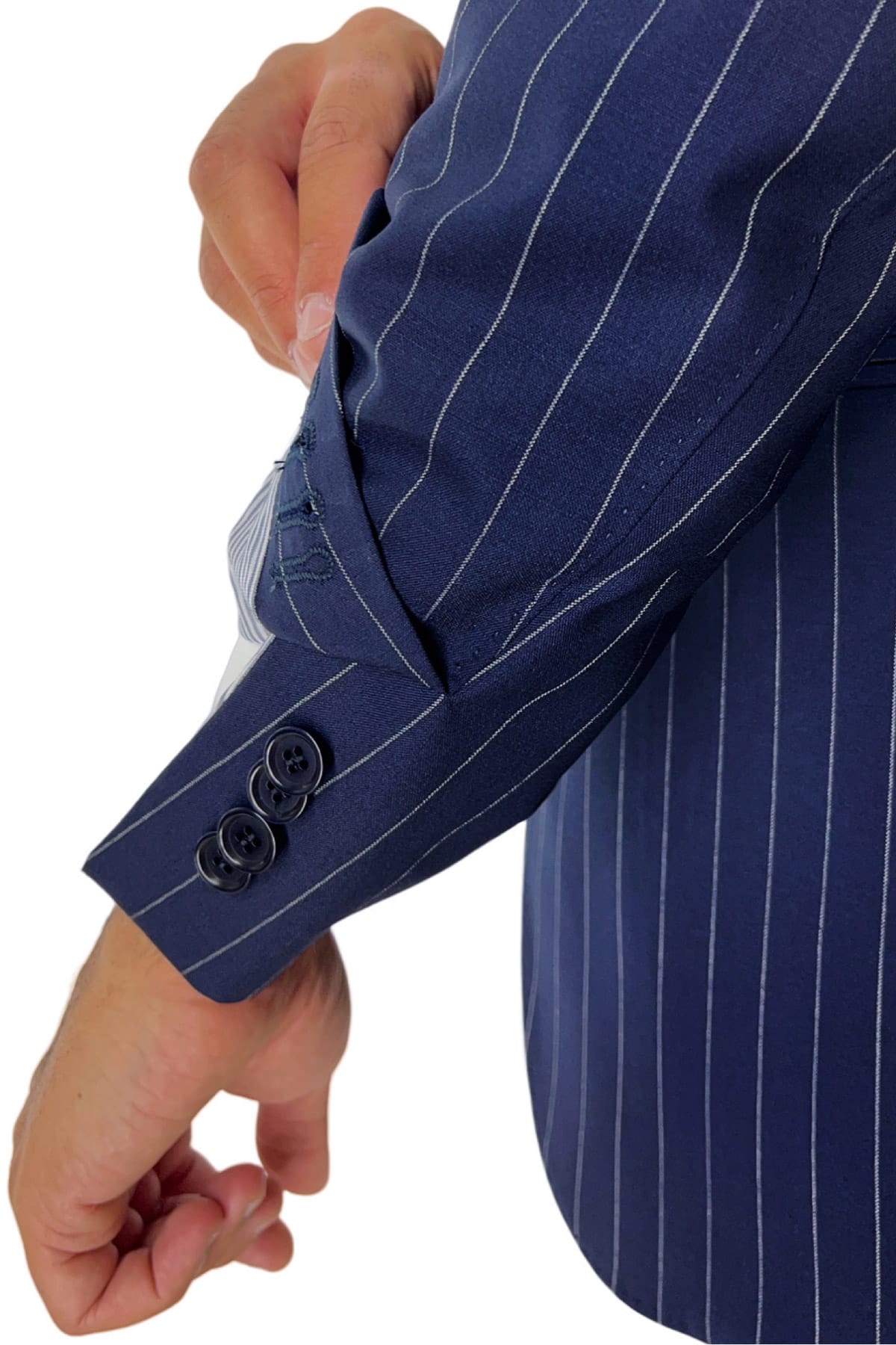 Giacca uomo monopetto blu navy fantasia gessata in fresco lana super 100's tasche a filo Holland & Sherry
