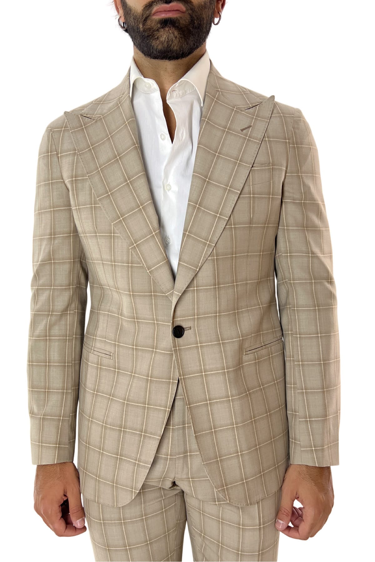 Giacca uomo monopetto beige a quadri in fresco lana super 120's tasche a filo Holland & Sherry