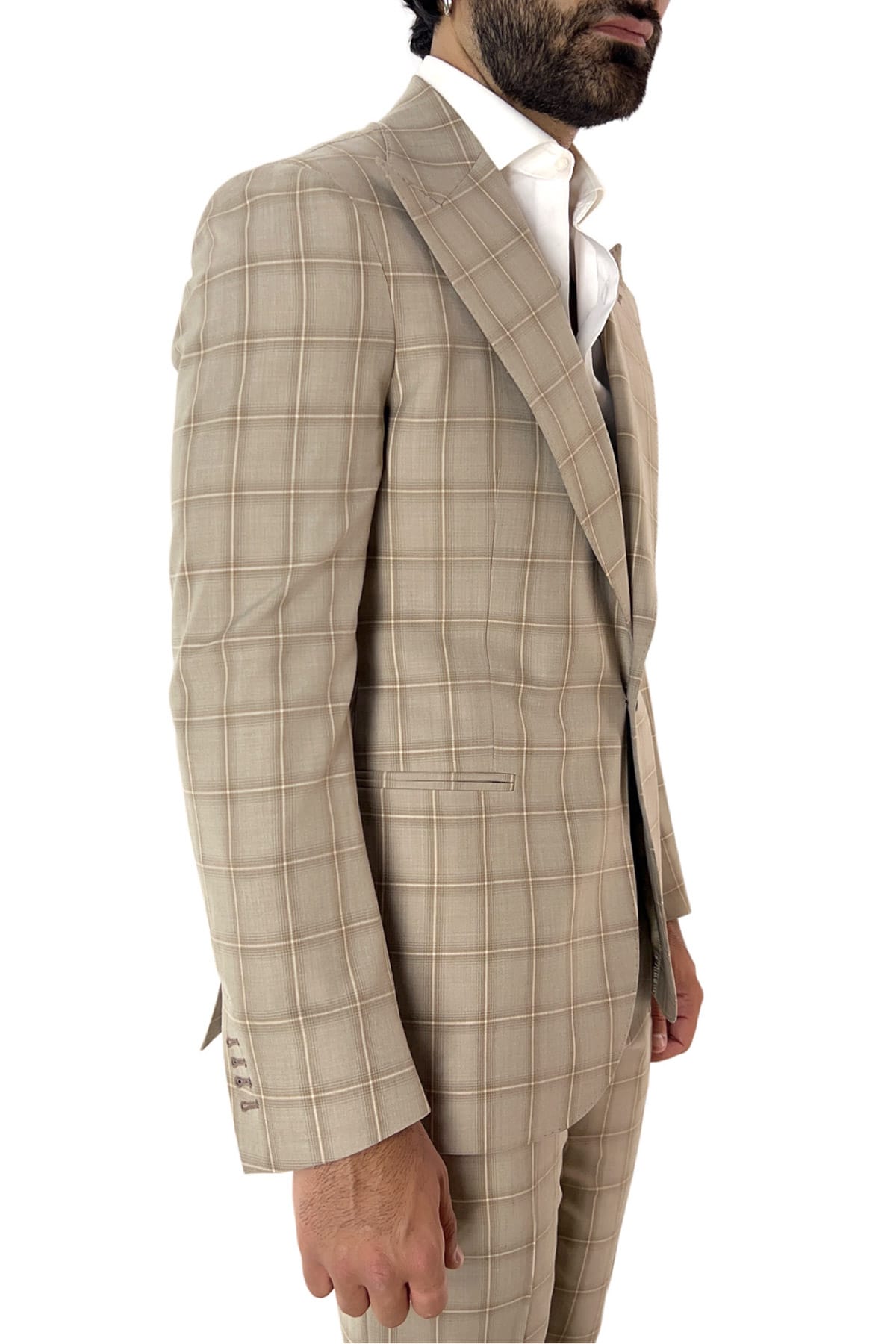 Giacca uomo monopetto beige a quadri in fresco lana super 120's tasche a filo Holland & Sherry