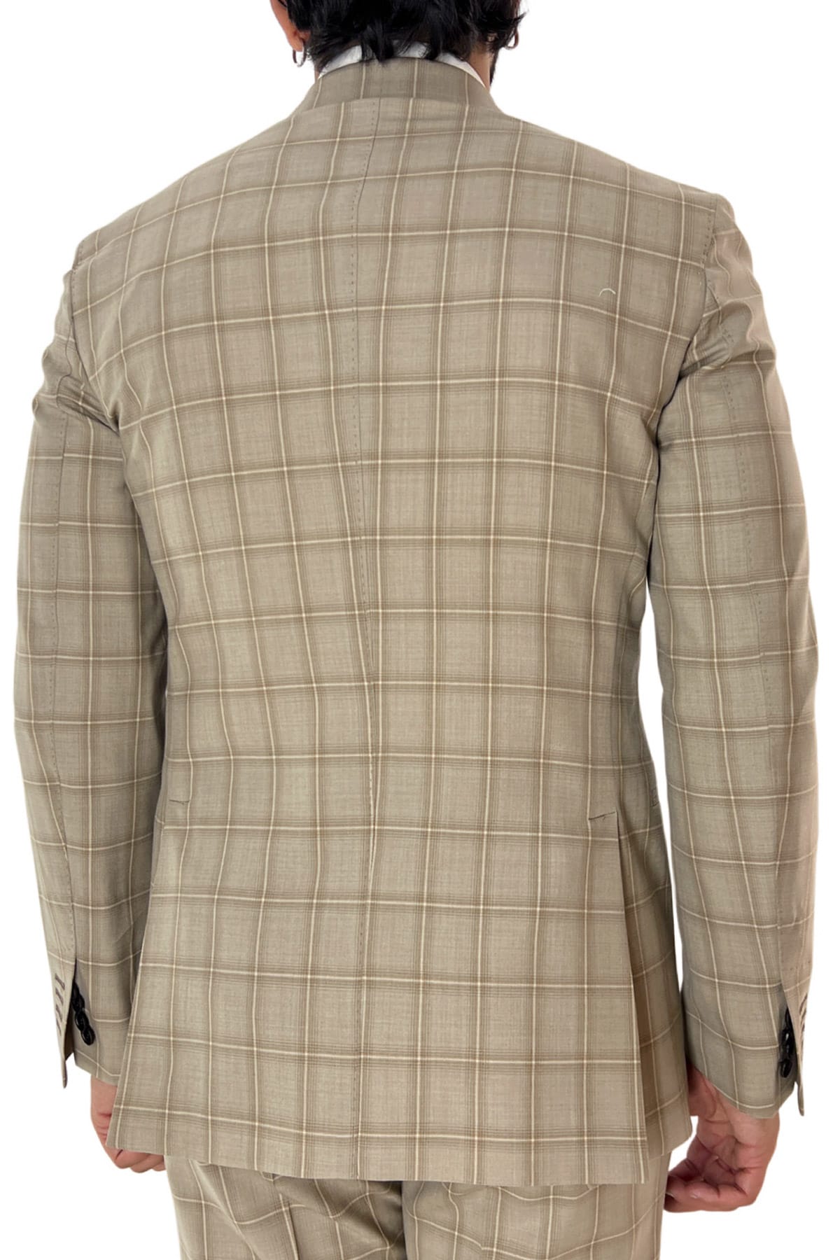 Giacca uomo monopetto beige a quadri in fresco lana super 120's tasche a filo Holland & Sherry