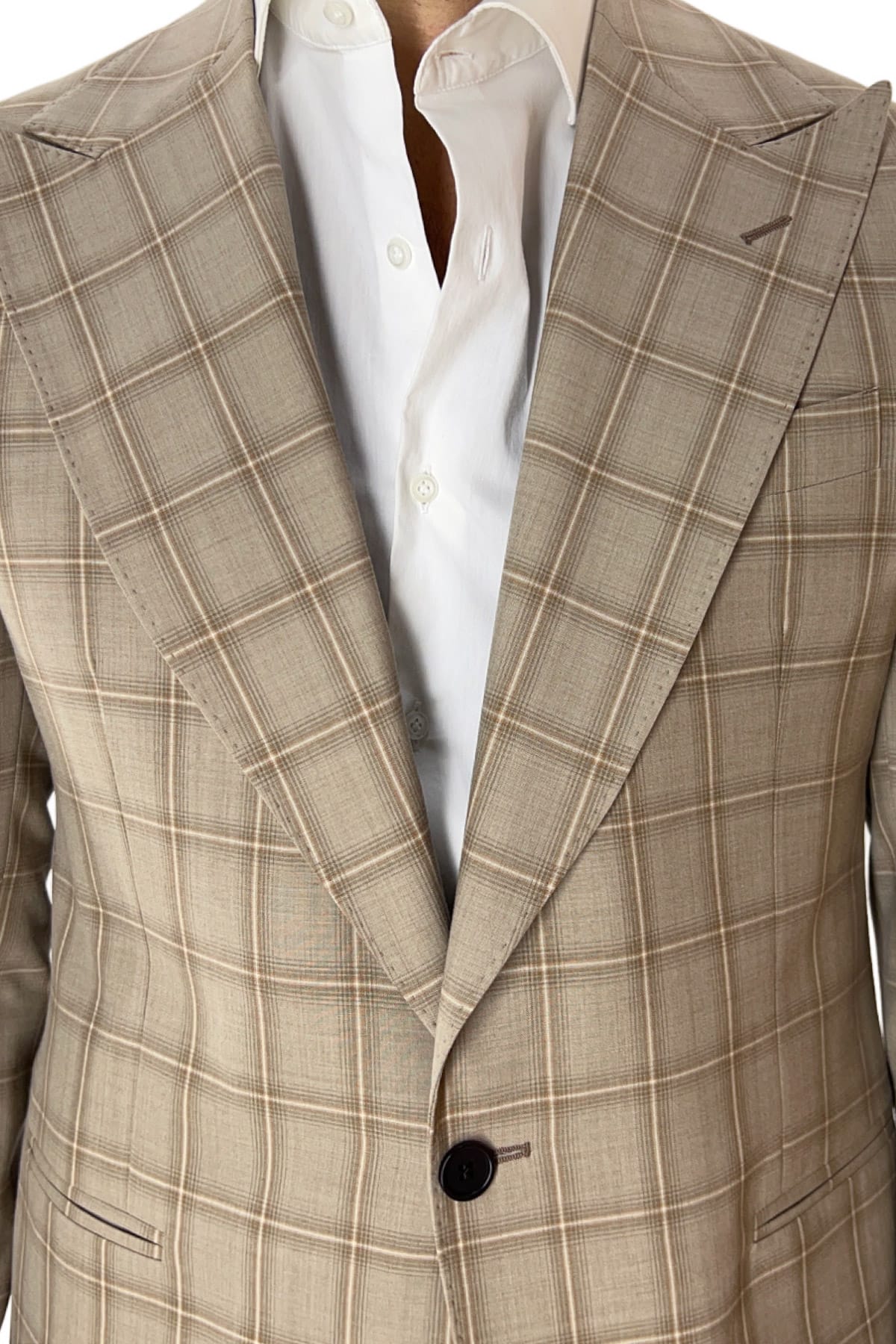 Giacca uomo monopetto beige a quadri in fresco lana super 120's tasche a filo Holland & Sherry