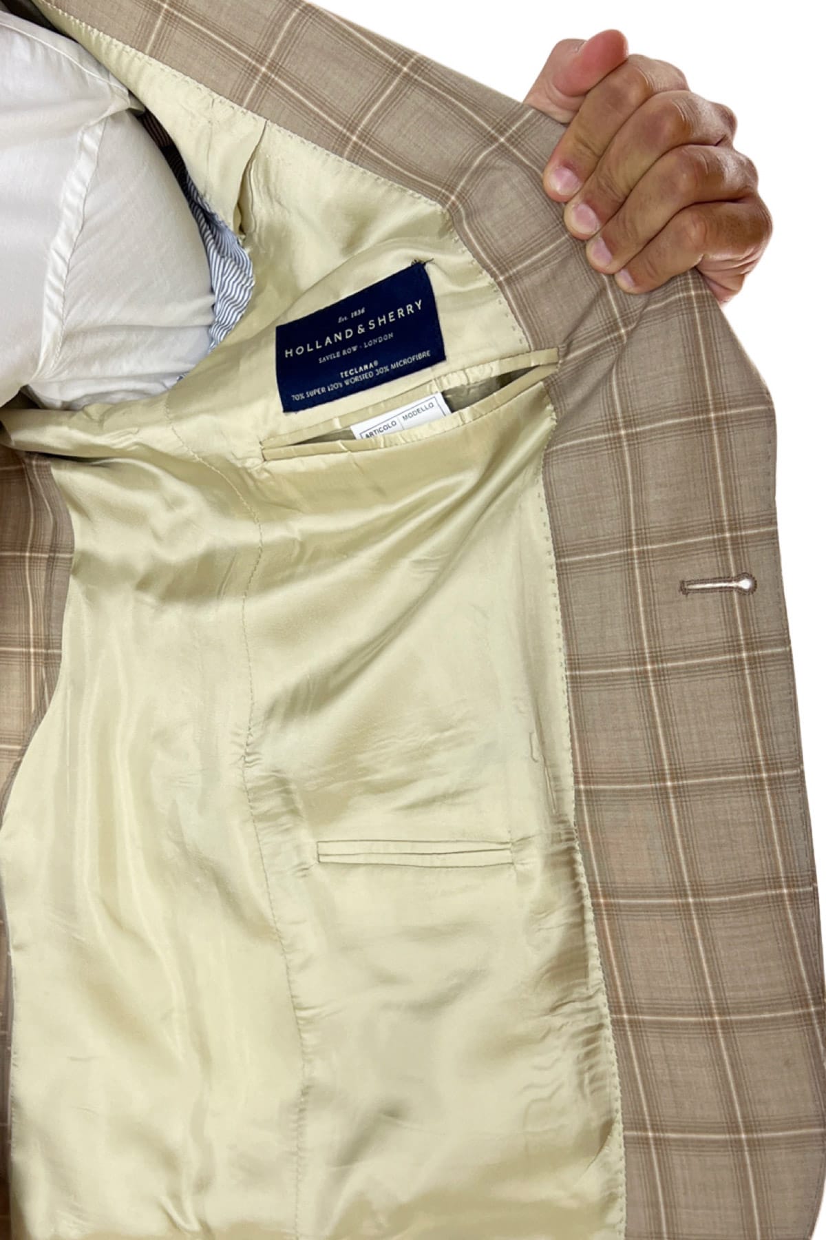 Giacca uomo monopetto beige a quadri in fresco lana super 120's tasche a filo Holland & Sherry