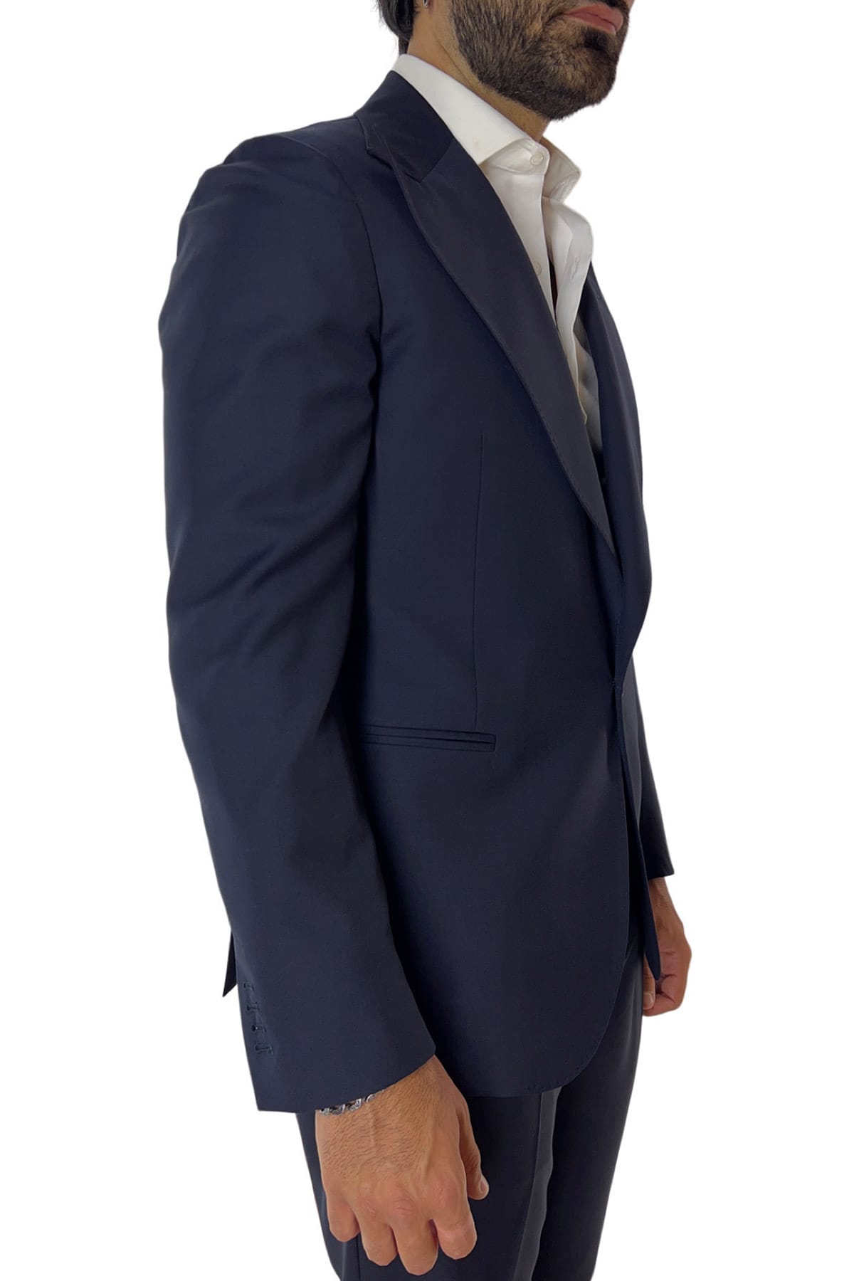 Giacca uomo monopetto navy blu rever a lancia larga in fresco lana 120's Holland & Sherry