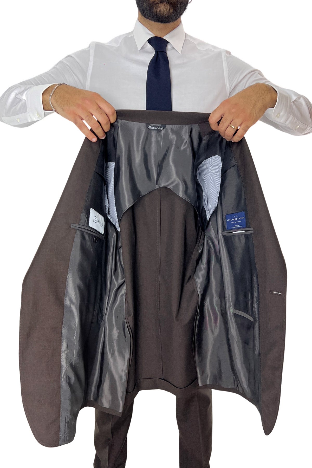 Giacca uomo monopetto marrone rever a lancia larga in fresco lana 120's Holland & Sherry