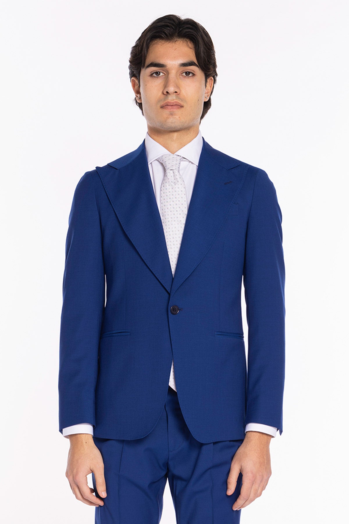 Giacca uomo monopetto Bluette rever a lancia larga in fresco lana tinta unita tasche a filo