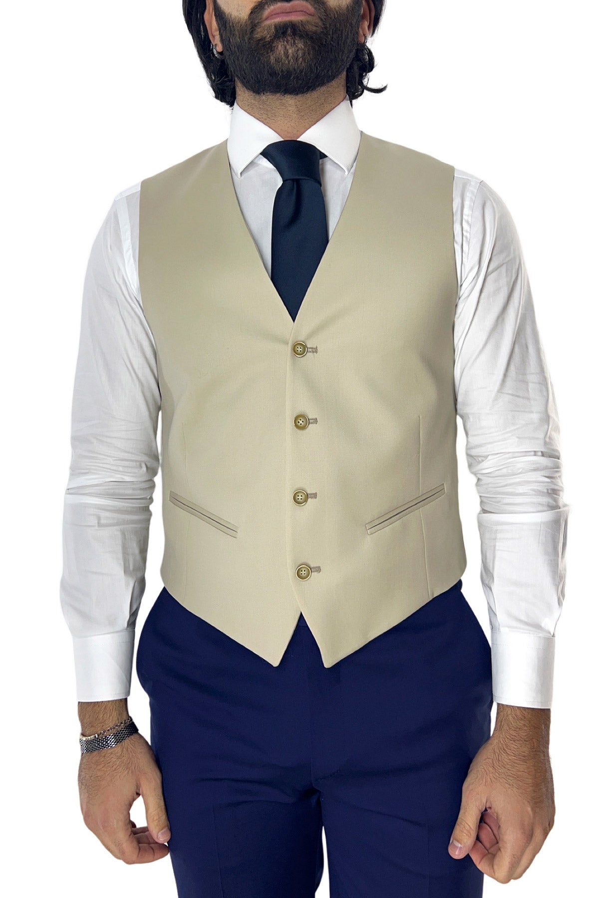 Gilet uomo monopetto beige da cerimonia in fresco lana super 130's slim fit