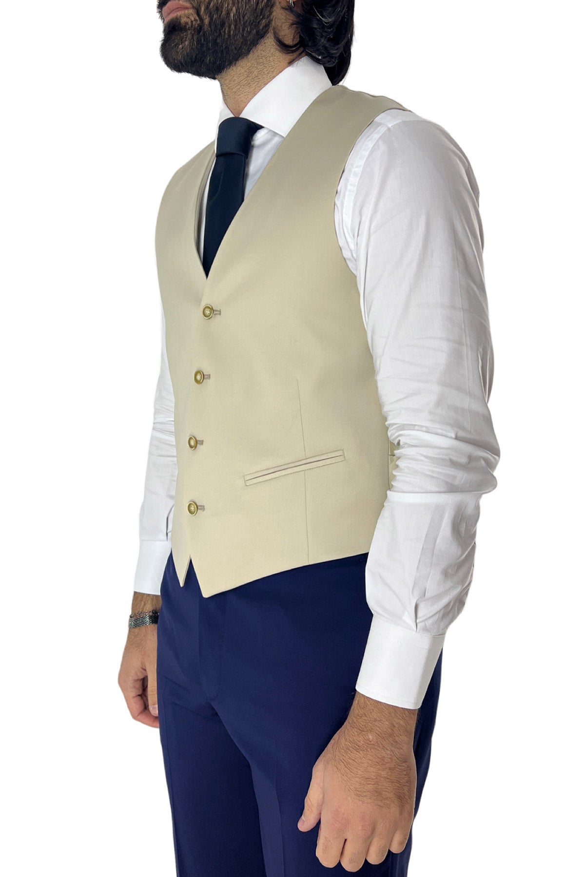 Gilet uomo monopetto beige da cerimonia in fresco lana super 130's slim fit