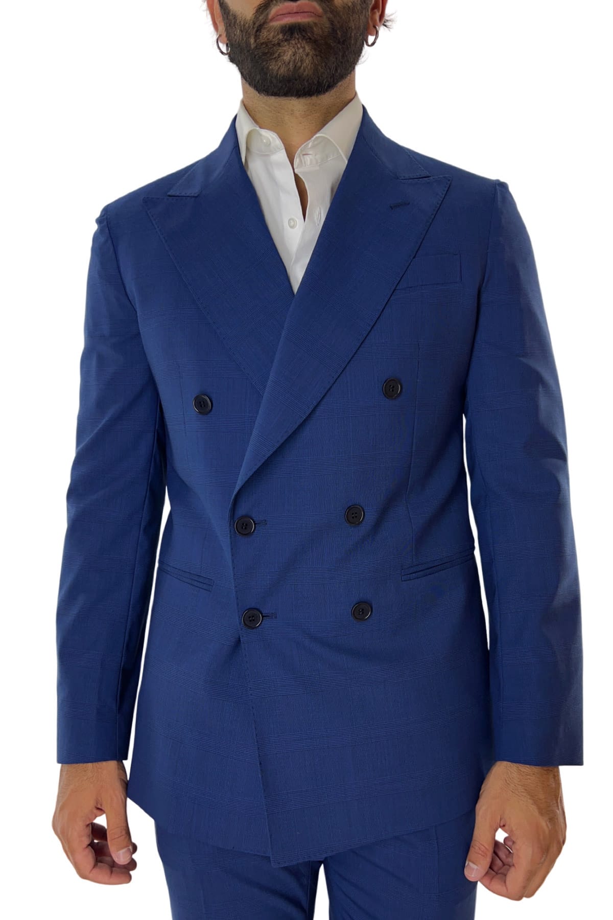 Giacca uomo doppiopetto royal blu fantasia Galles in fresco lana Holland & Sherry rever a lancia larga
