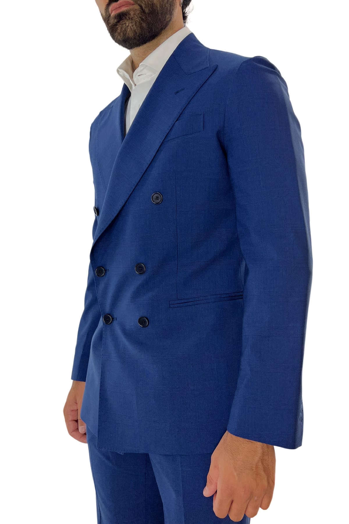 Giacca uomo doppiopetto royal blu fantasia Galles in fresco lana Holland & Sherry rever a lancia larga