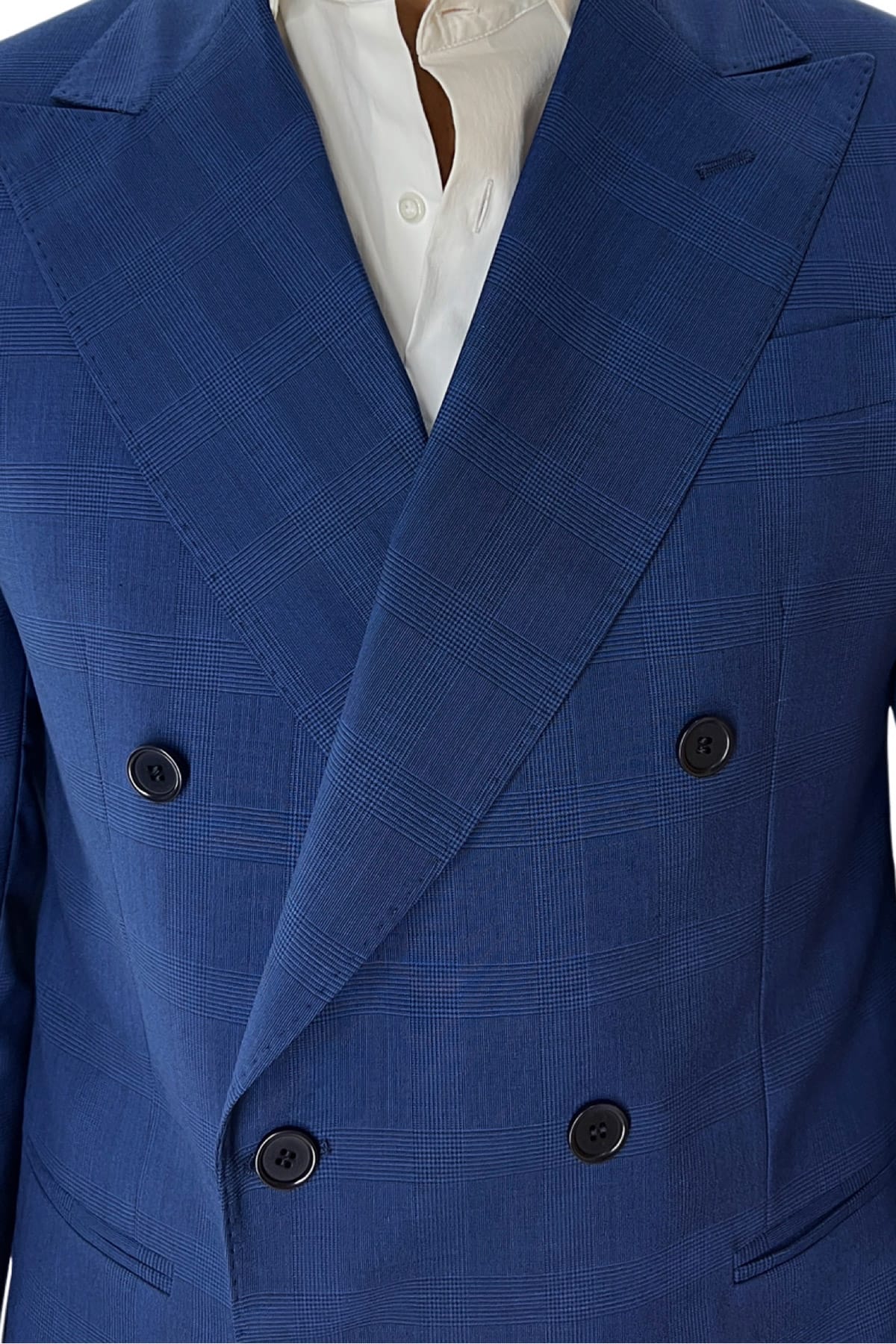 Giacca uomo doppiopetto royal blu fantasia Galles in fresco lana Holland & Sherry rever a lancia larga