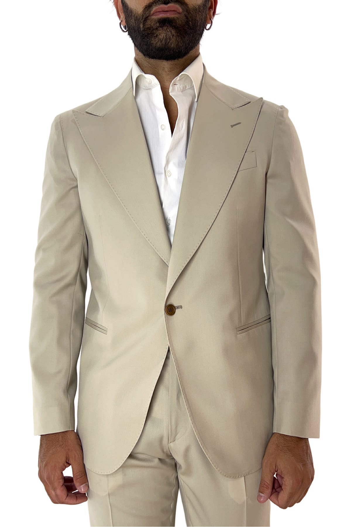 Giacca uomo monopetto beige in fresco lana super 130's con rever a lancia larga tasche a filo