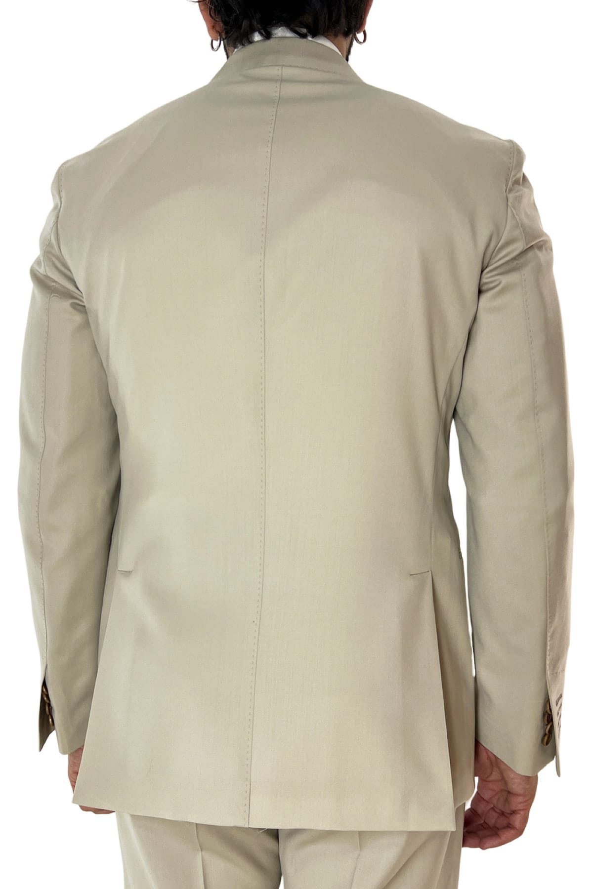 Giacca uomo monopetto beige in fresco lana super 130's con rever a lancia larga tasche a filo